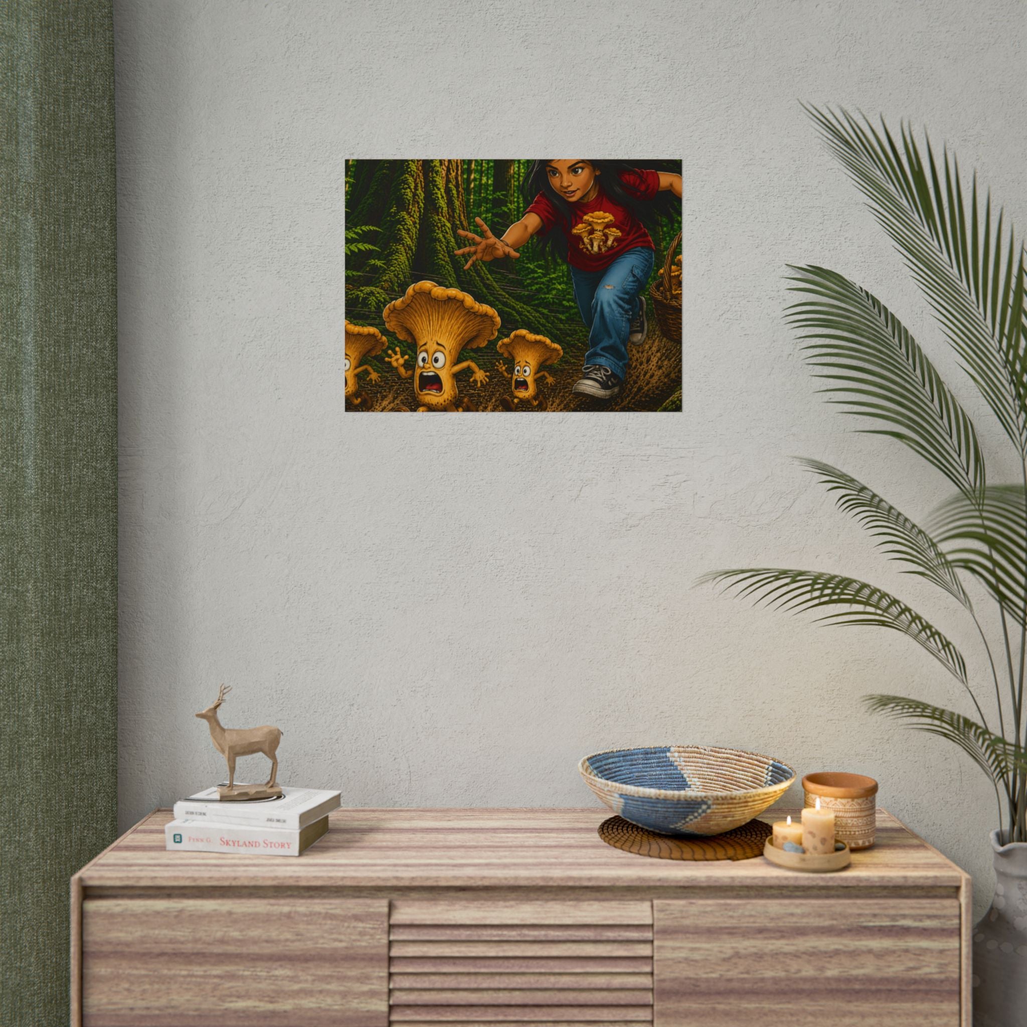 Rolled Poster: Girl Chasing Animated Mushrooms Forest Art Print