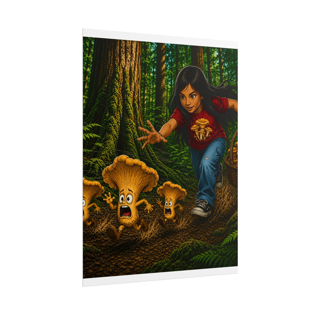 Rolled Poster: Girl Chasing Animated Mushrooms Forest Art Print