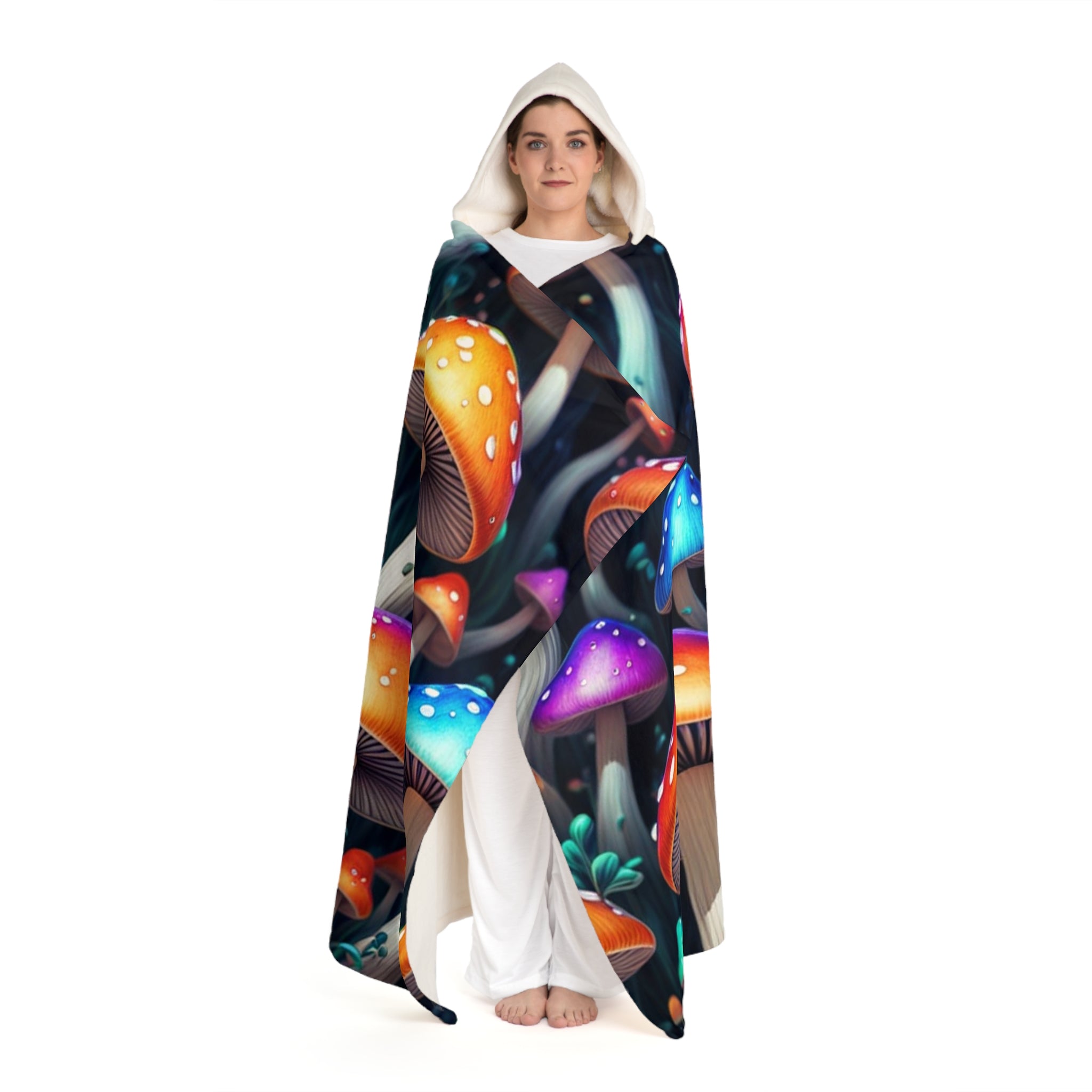 Hooded Sherpa Blanket — Vibrant Psychedelic Mushroom Fleece Hooded Throw
