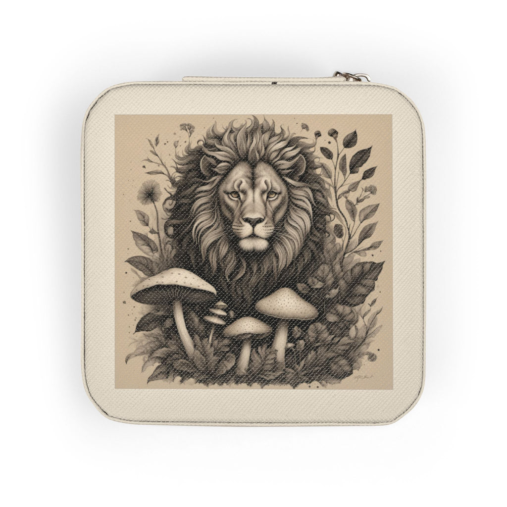 Lion & Mushrooms Jewelry Travel Case — Compact Organizer for Rings, Earrings & Necklaces