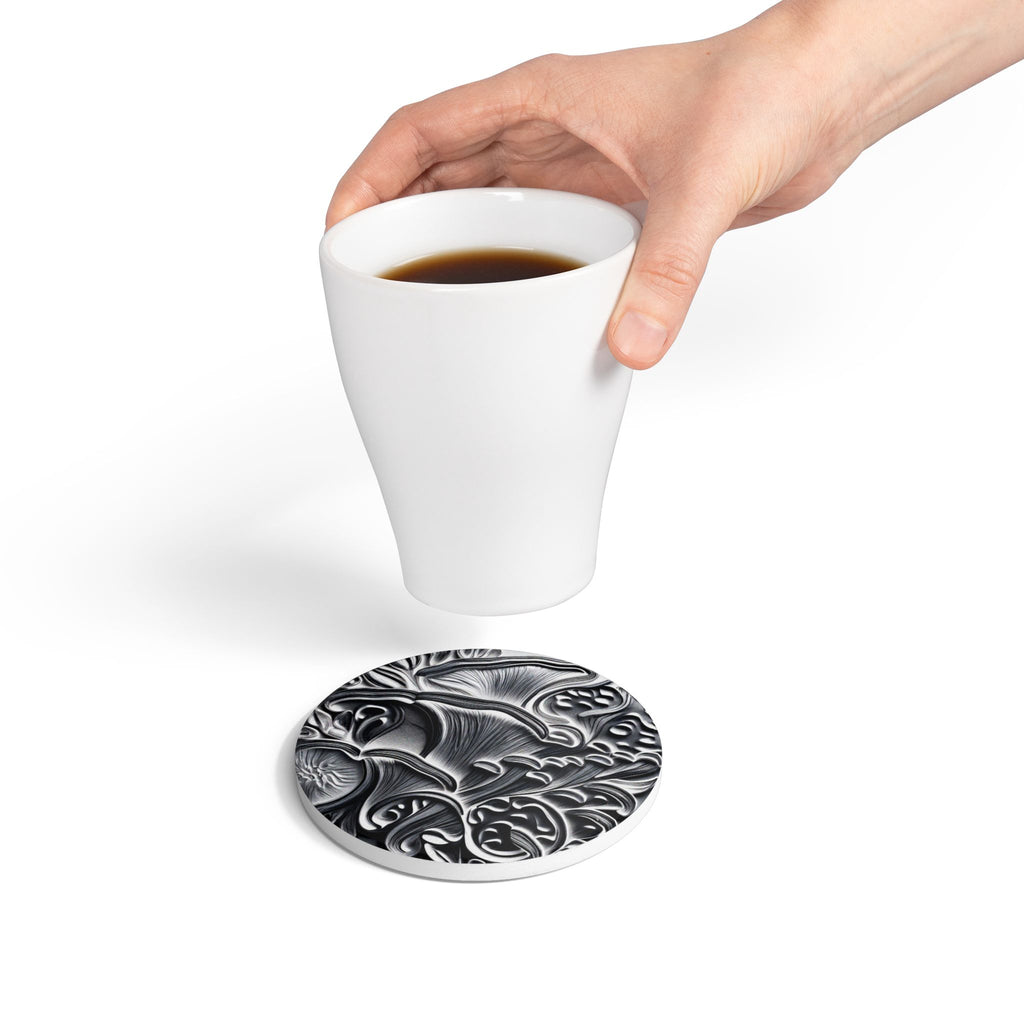 Ceramic Coaster: Black & Silver Floral Relief Design, Elegant Gothic Home Decor