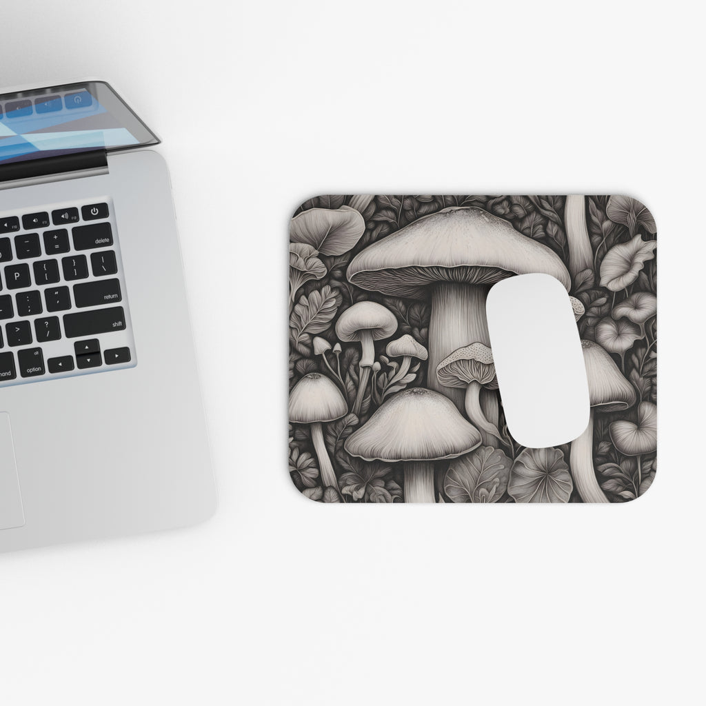 Mouse Pad: Monochrome Mushroom Garden Mouse Pad — Botanical Desk Accessory