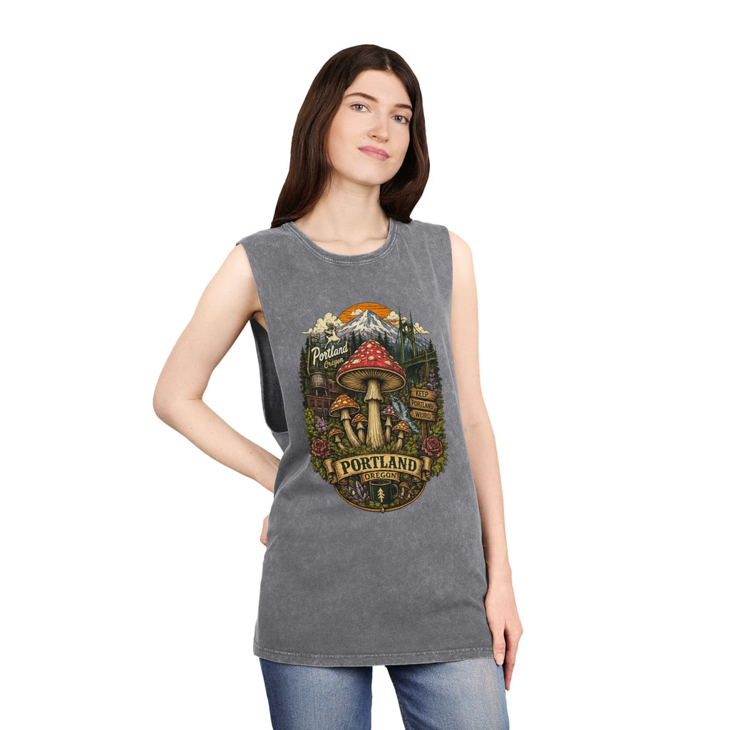 City: Portland Tank Top: Mushroom Graphic Tank — Stonewash Vintage Nature Tank Top