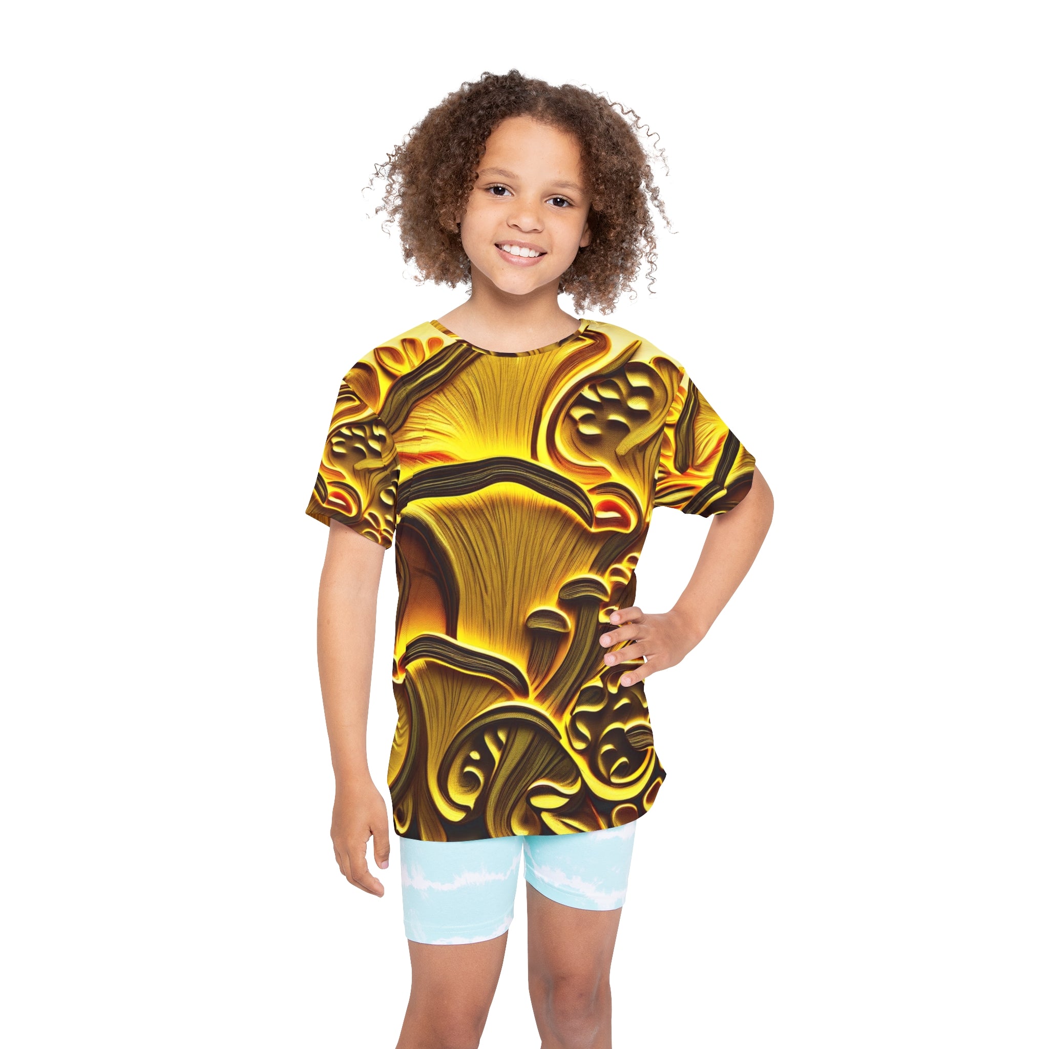 🌟 Golden Mushroom Glow – Kids’ All-Over Print T-Shirt