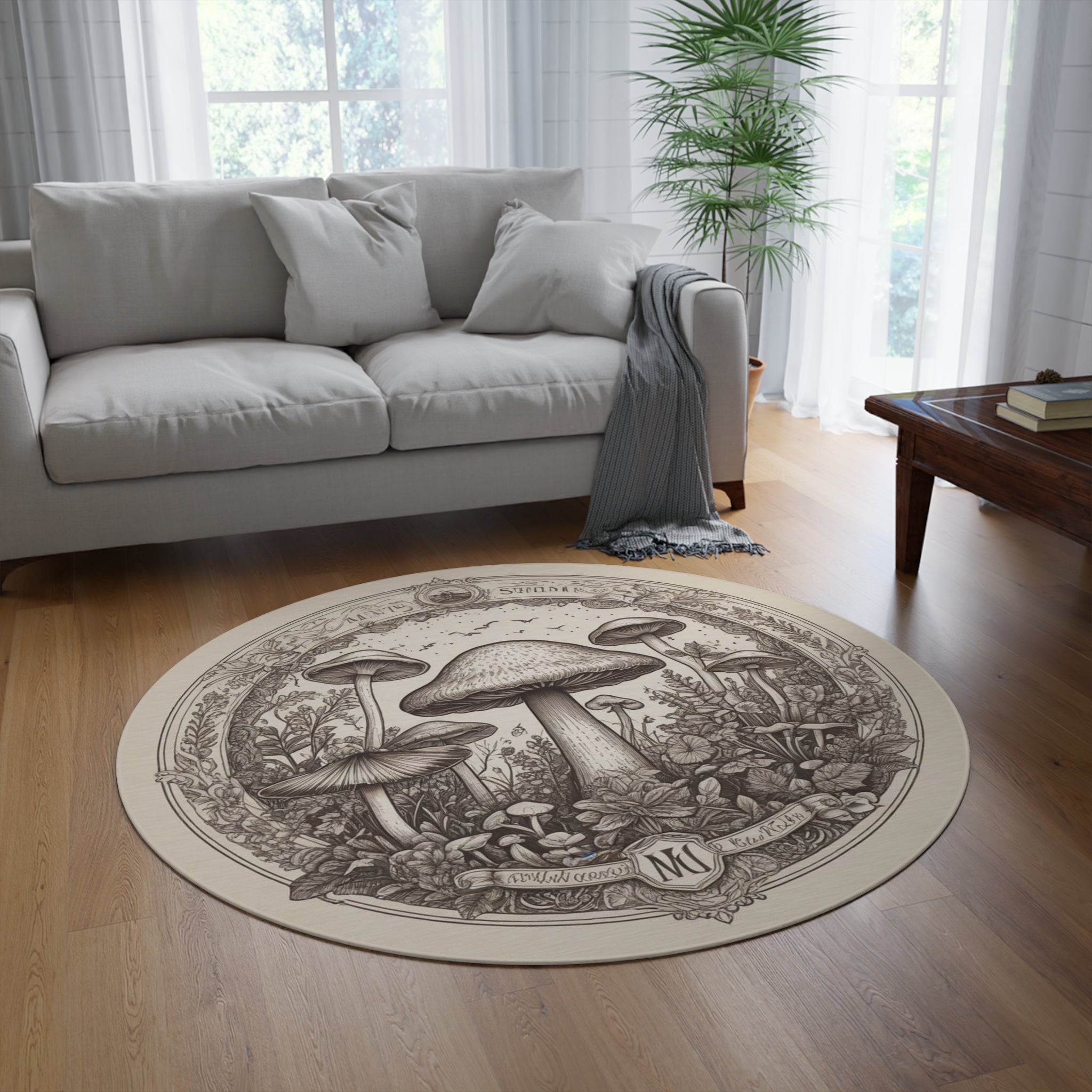 Bohemian Mushroom Round Rug – Vintage Botanical Fungi Illustration