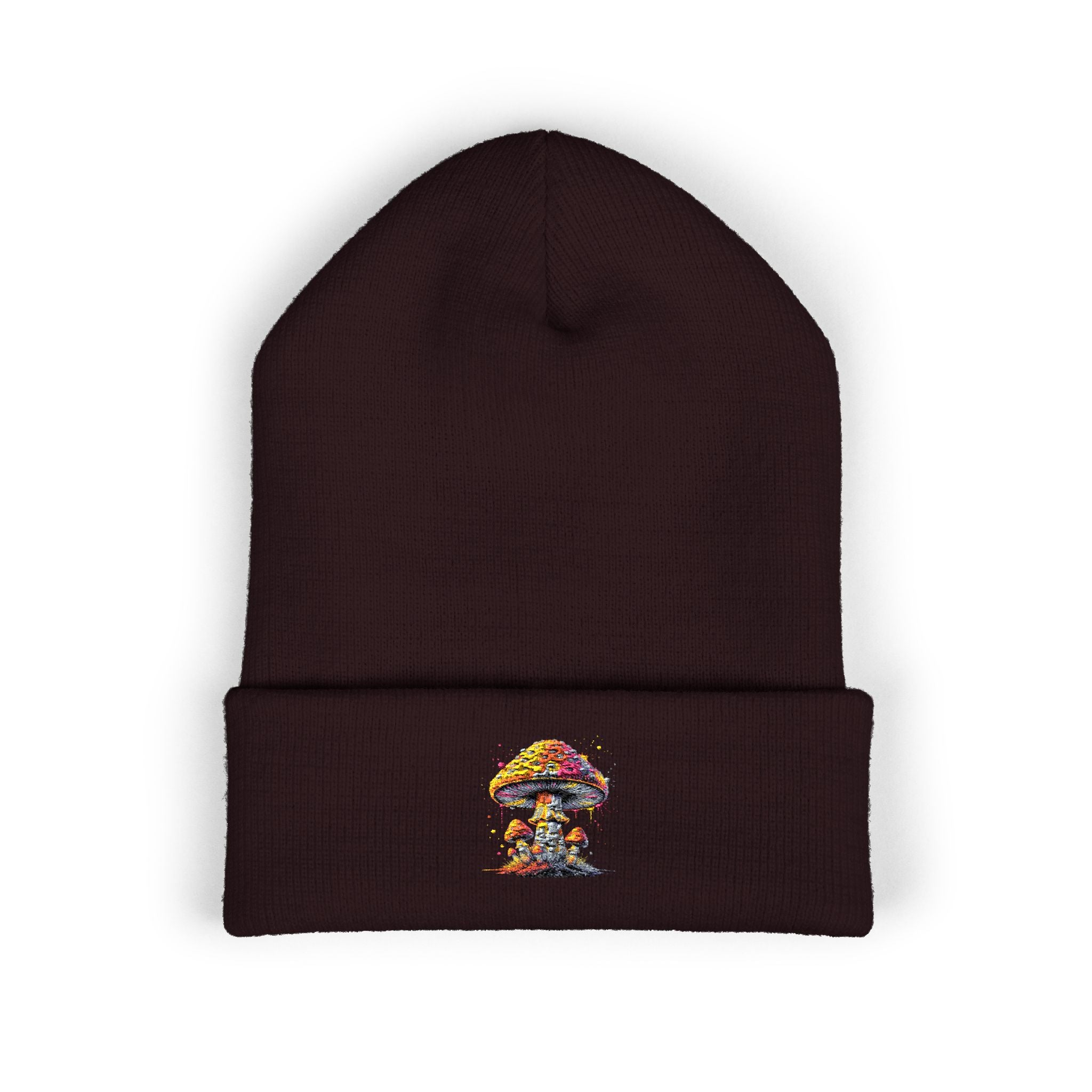 Beanie: Embroidered Colorful Mushroom Beanie — Cute Cuffed Knit Hat