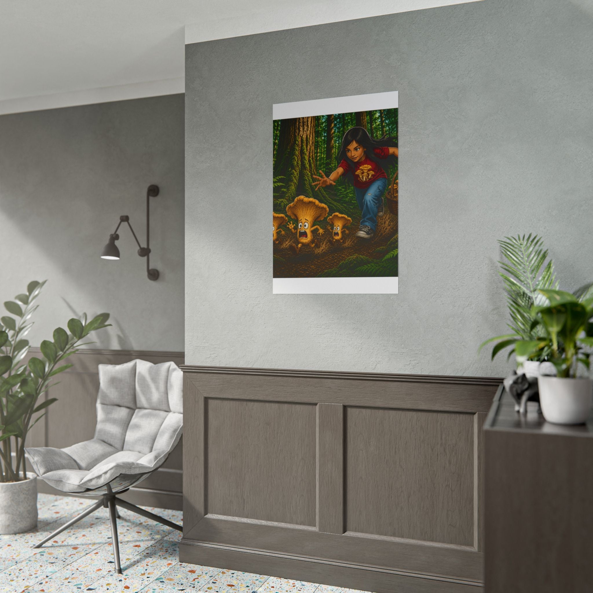 Rolled Poster: Girl Chasing Animated Mushrooms Forest Art Print