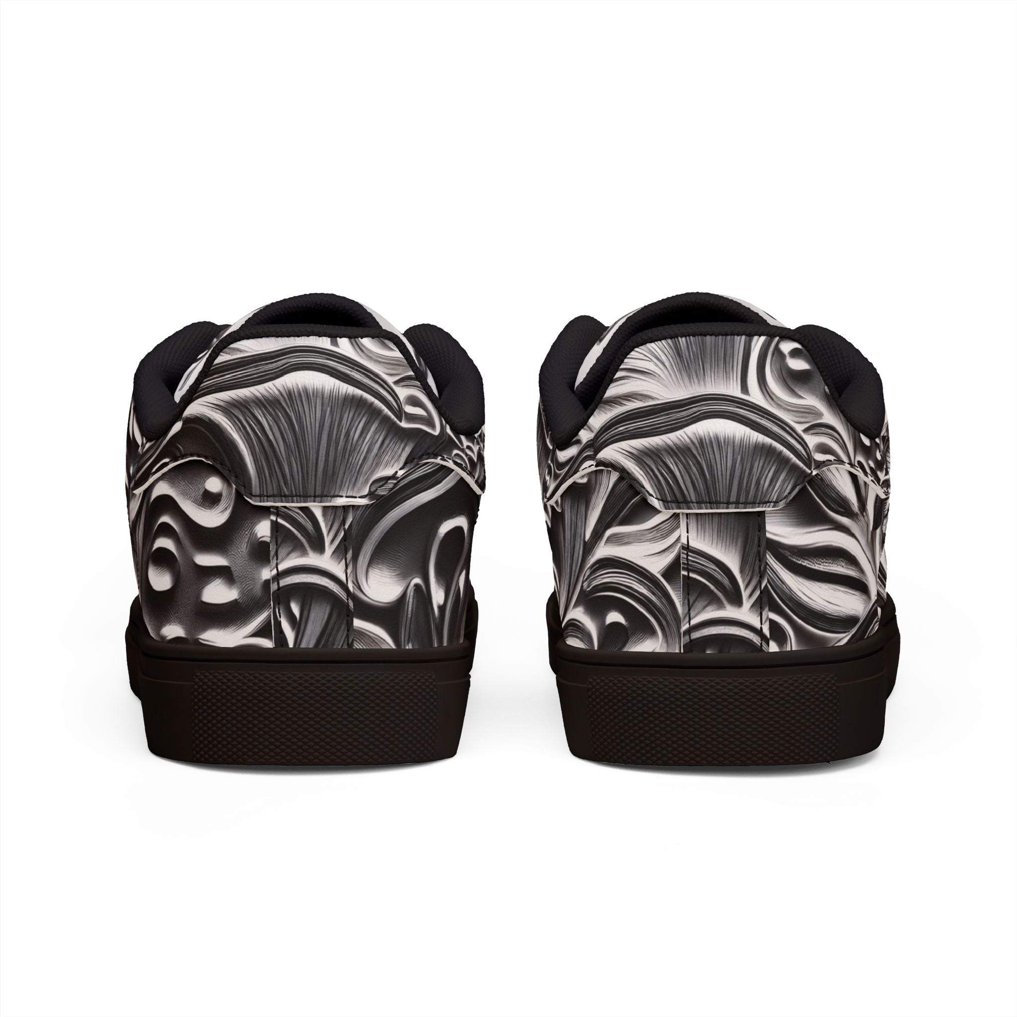 Men's Low-Top Leather Sneakers — Monochrome Abstract Swirl Design