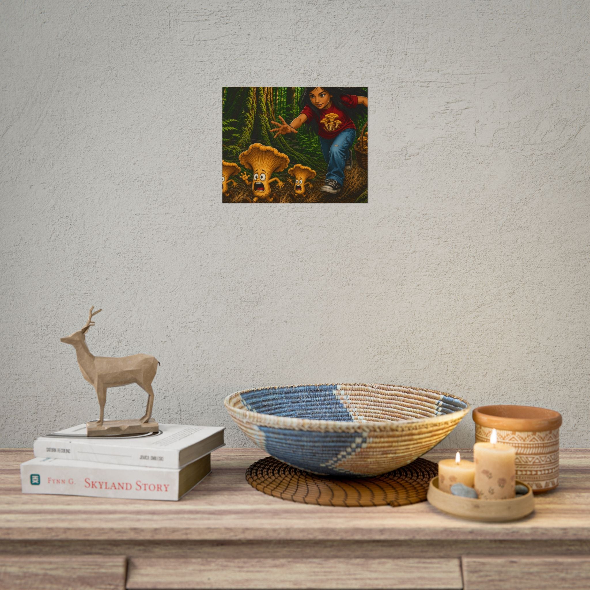 Rolled Poster: Girl Chasing Animated Mushrooms Forest Art Print