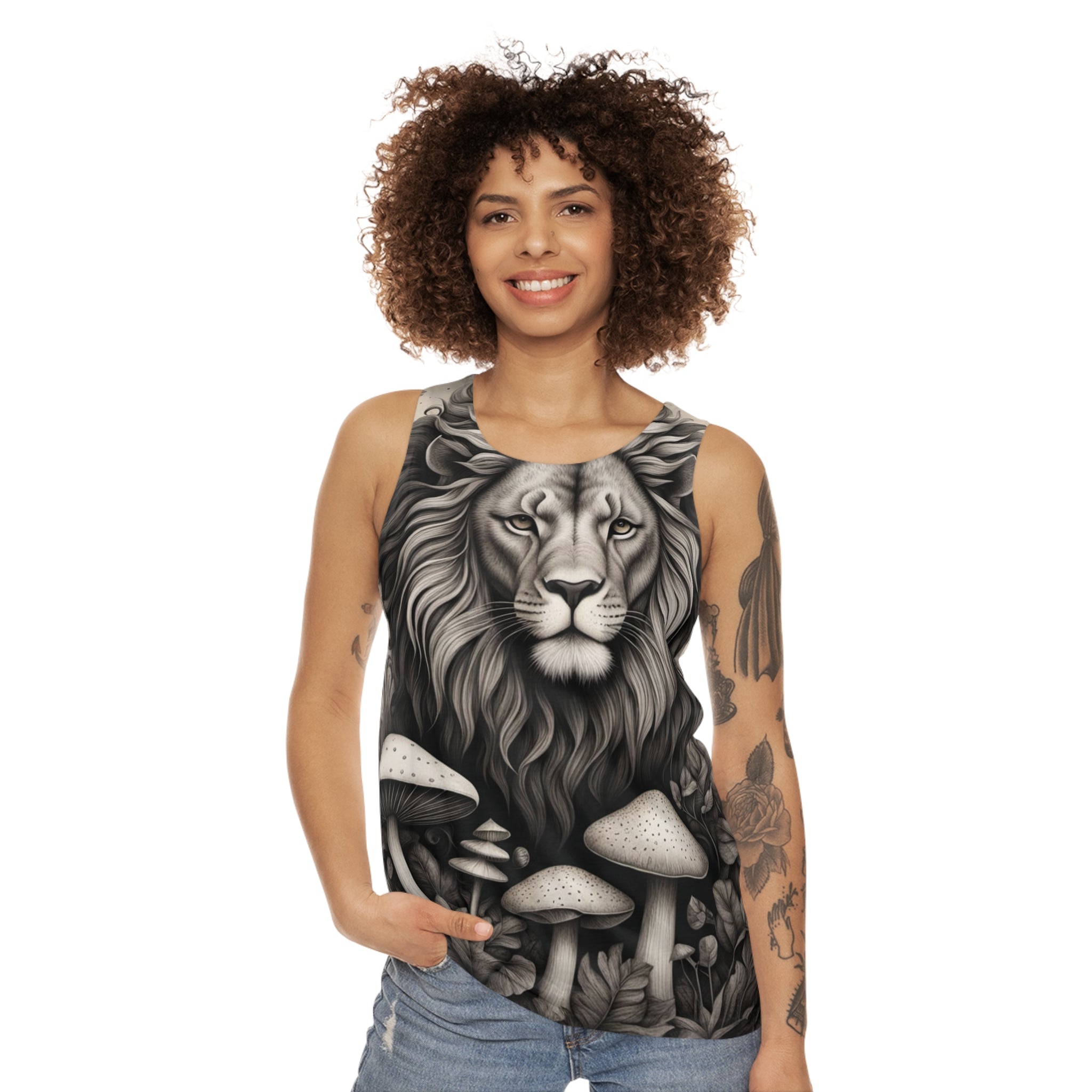Lion and Mushrooms All-Over Print Tank Top — Monochrome Majestic Forest Vibe