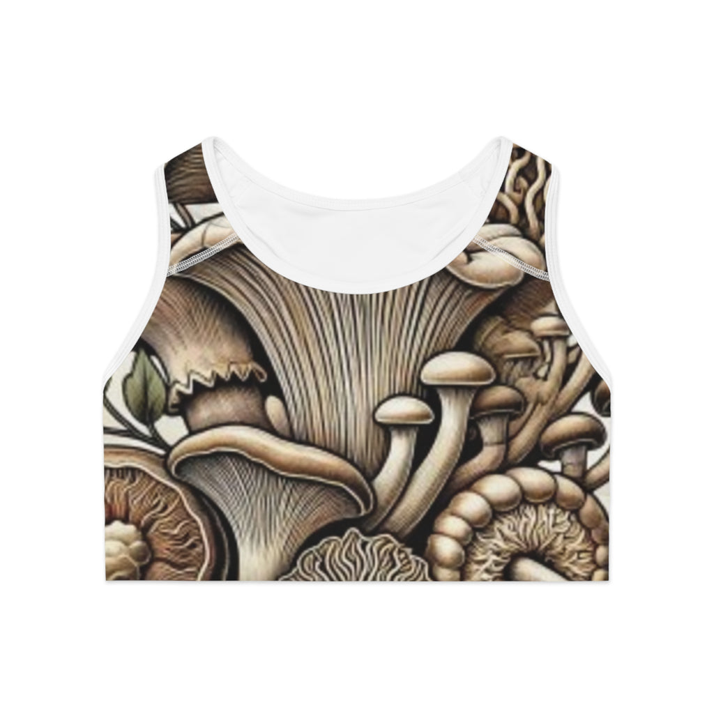 Mushroom Forest Sports Bra – Botanical Fungi All-Over-Print Activewear