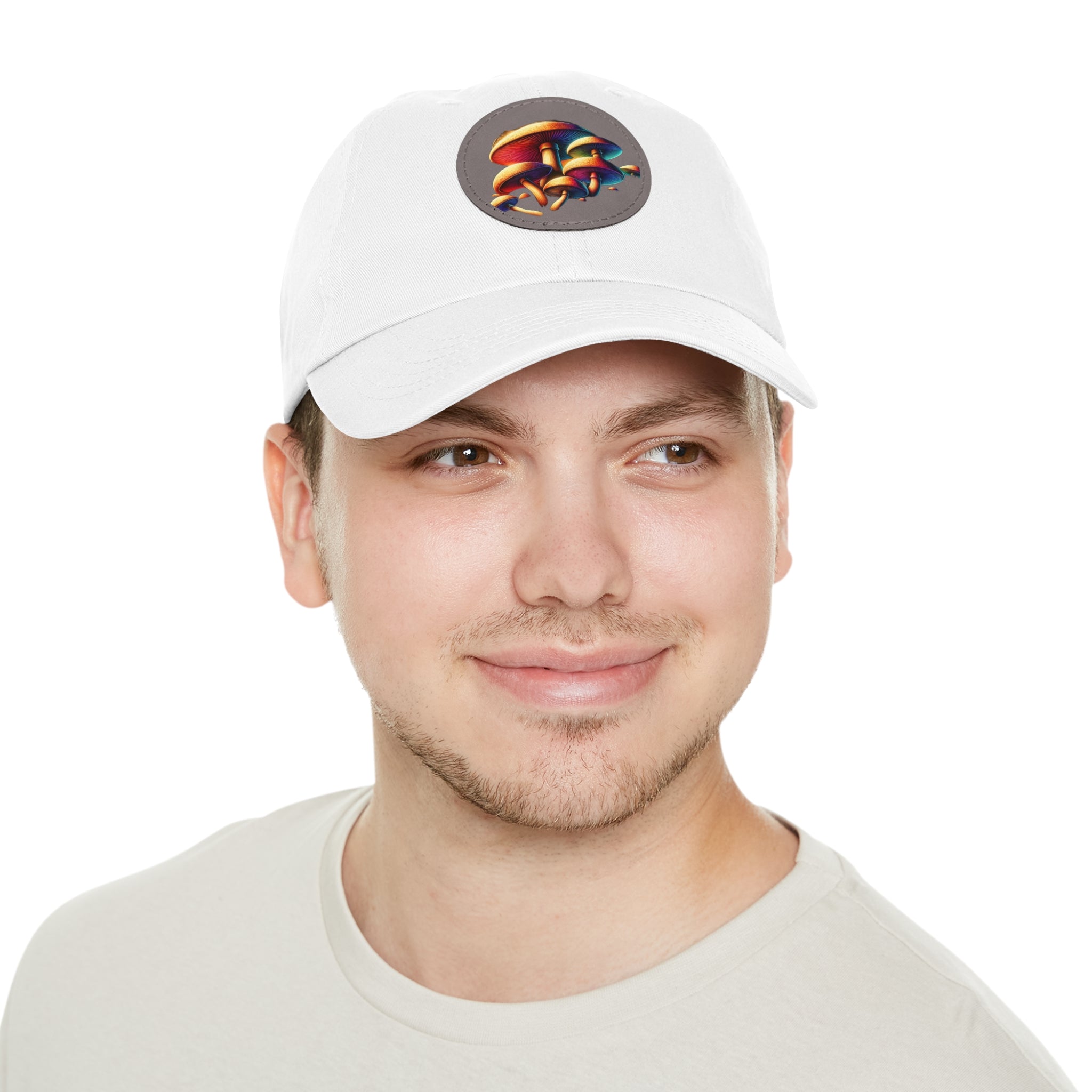 Mushroom Patch Dad Hat — Colorful Psychedelic Fungi Leather Patch Cap