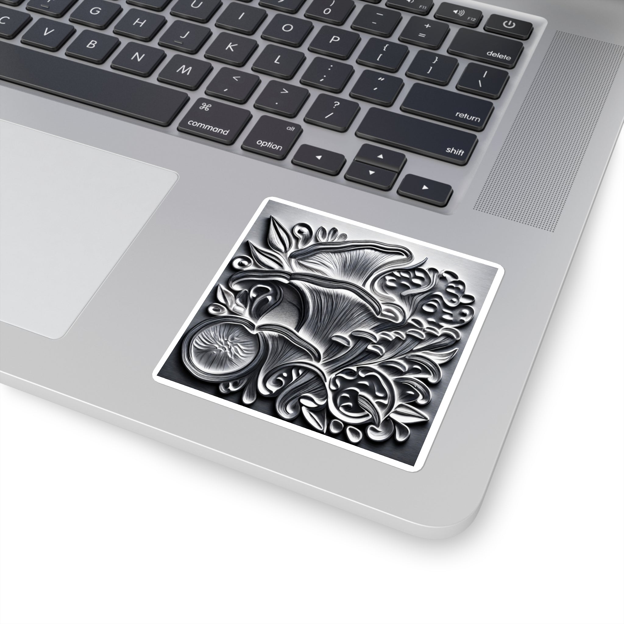 Metallic Botanical Square Sticker — Embossed Floral Mushroom Design