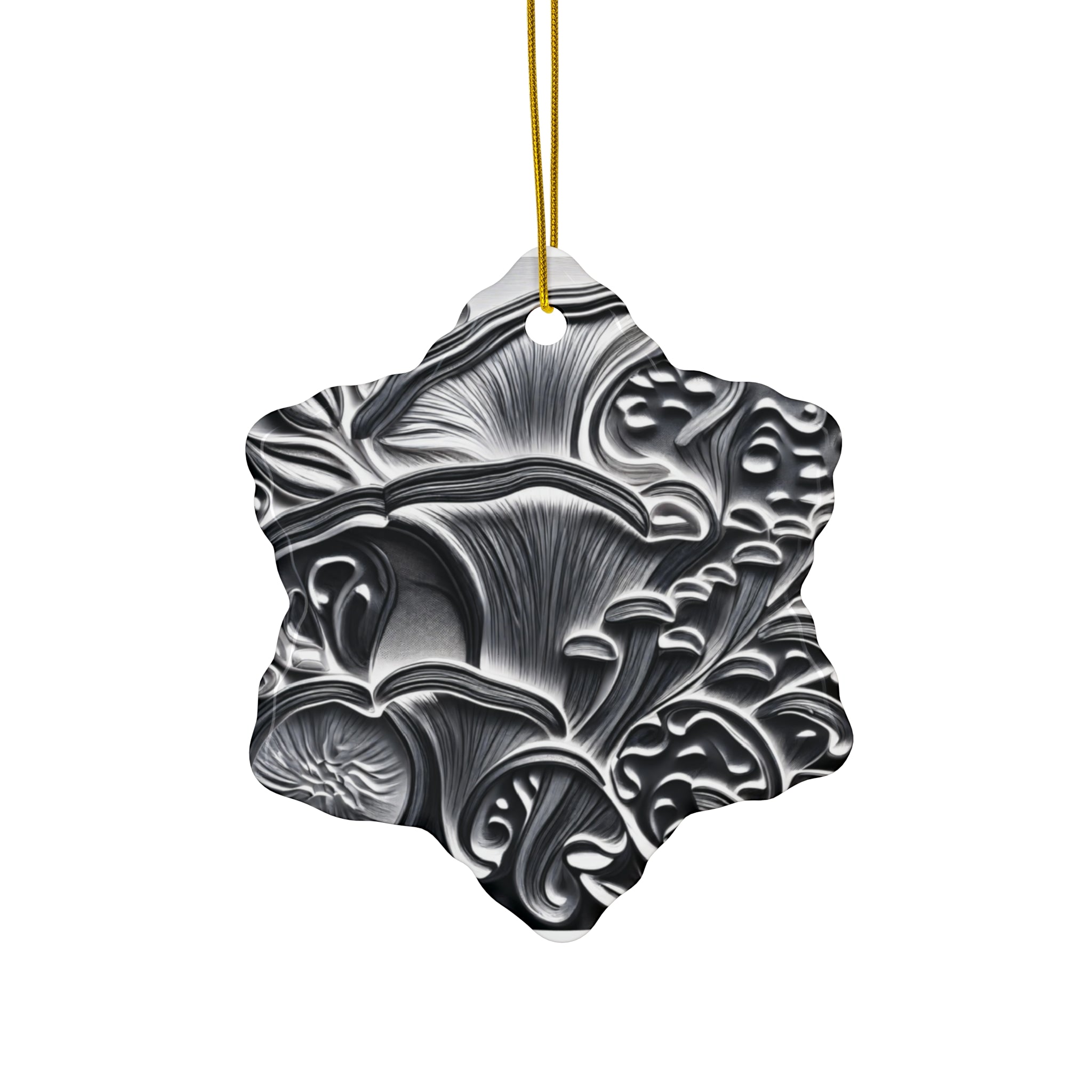 Ceramic Ornament: Black & White Mushroom Ceramic Ornament — Star-Shaped Decorative Holiday Keepsake