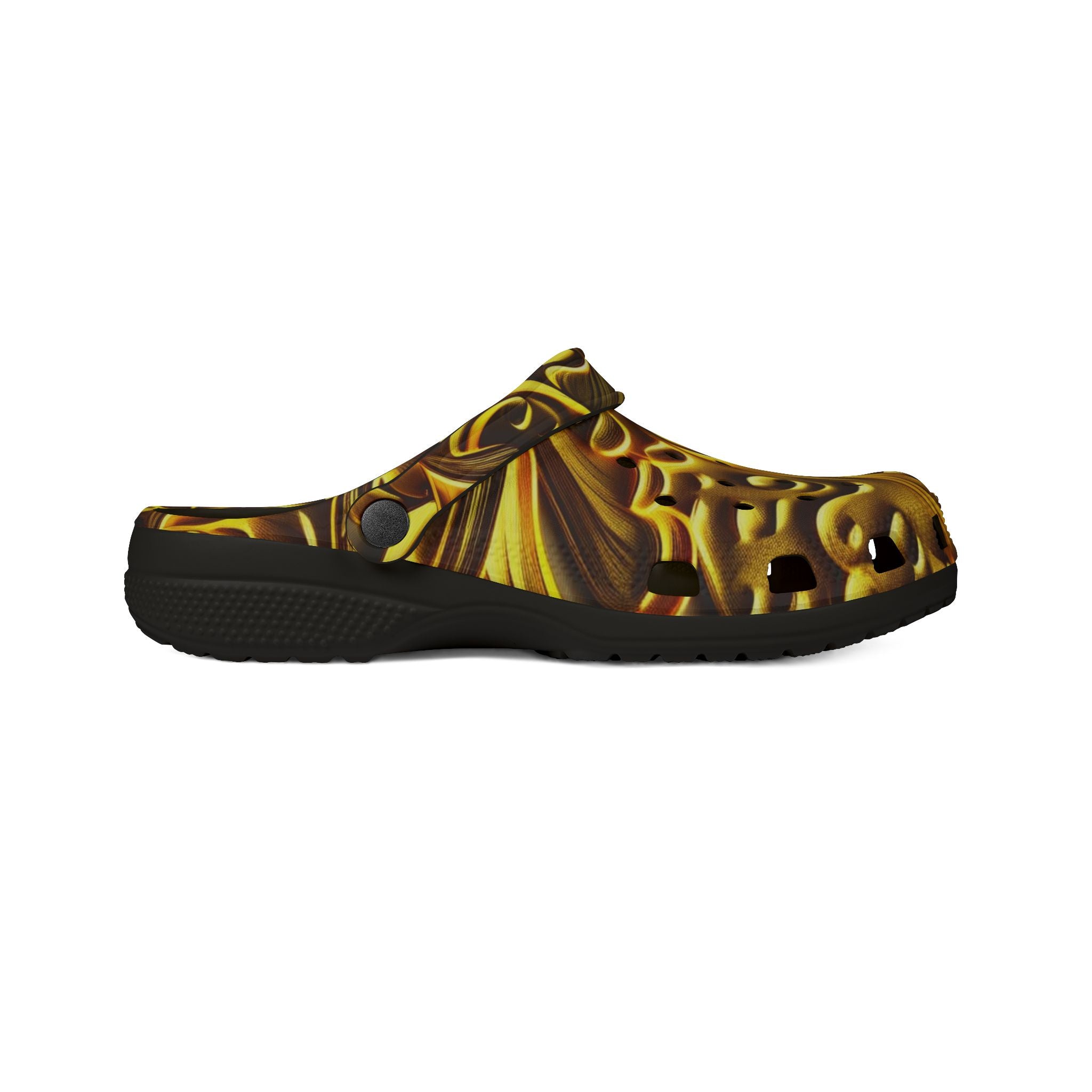 Clogs: Golden Swirl EVA Foam Clogs — Abstract Metallic Pattern Slip-Ons