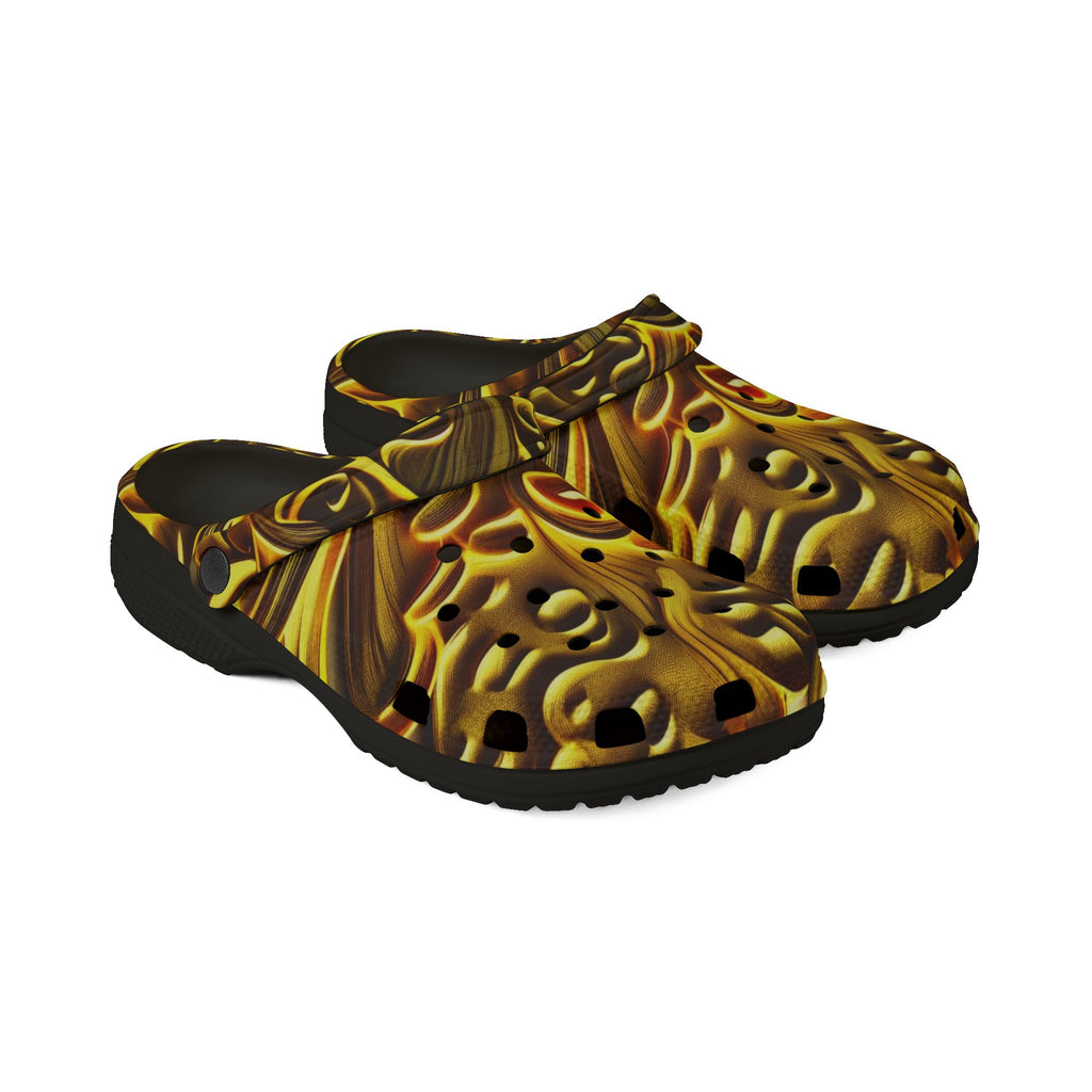 Clogs: Golden Swirl EVA Foam Clogs — Abstract Metallic Pattern Slip-Ons