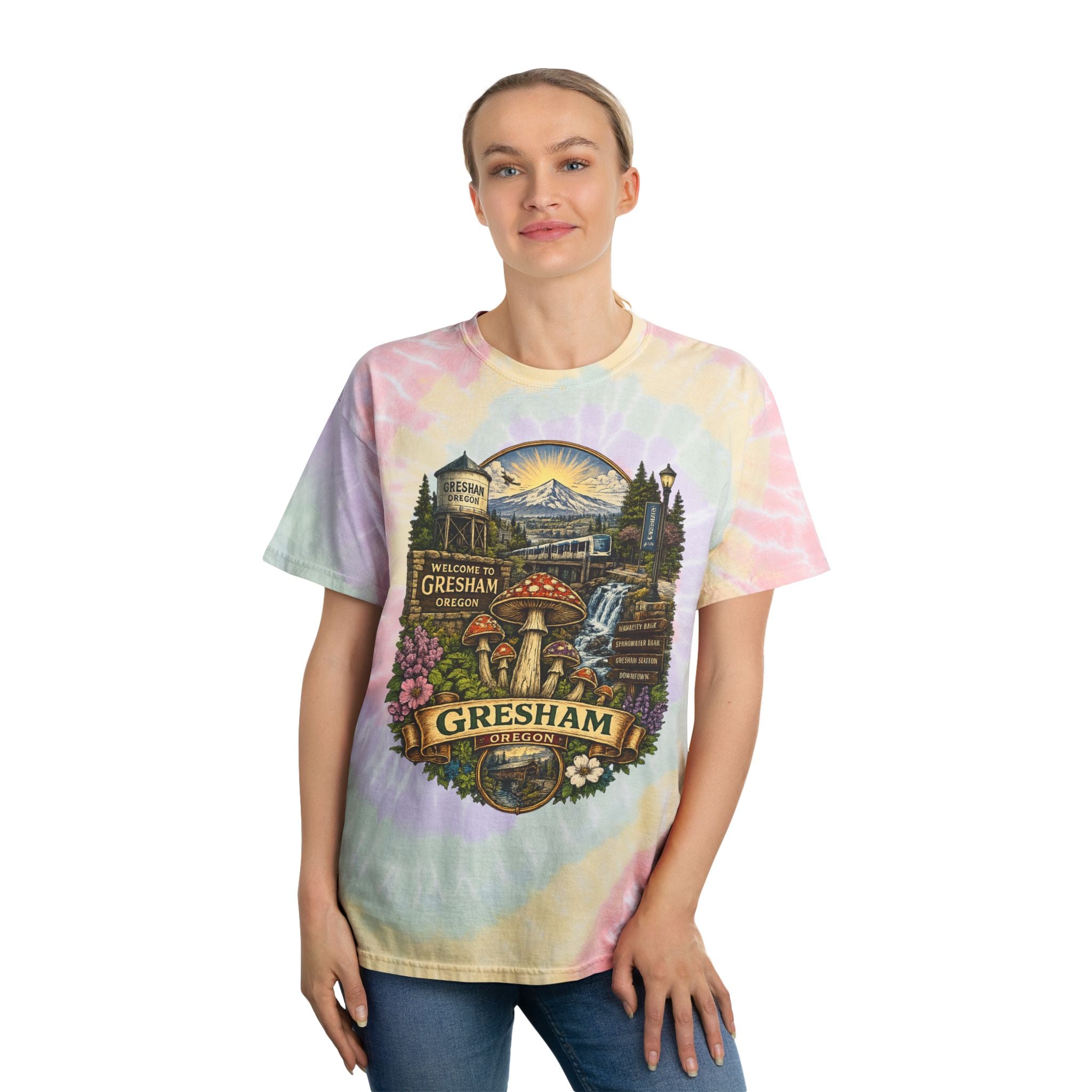 City: Gresham Oregon Spiral Tie-Dye Tee — Vintage Mushroom & Farmers Market Graphic