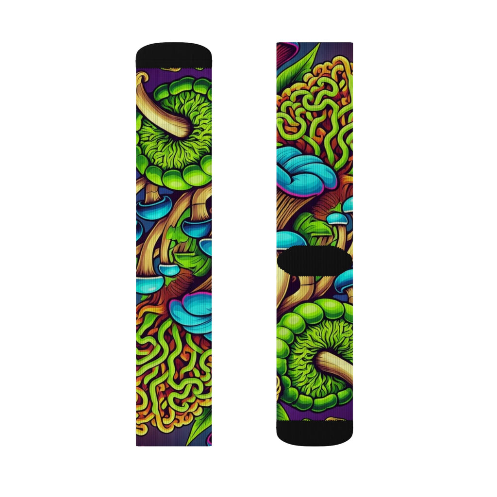 Socks: Psychedelic Mushroom Socks — Vibrant Green Fungi Sublimation Crew Socks