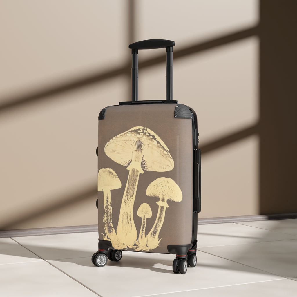 Mushroom Illustration Suitcase — Vintage Botanical Carry-On Luggage