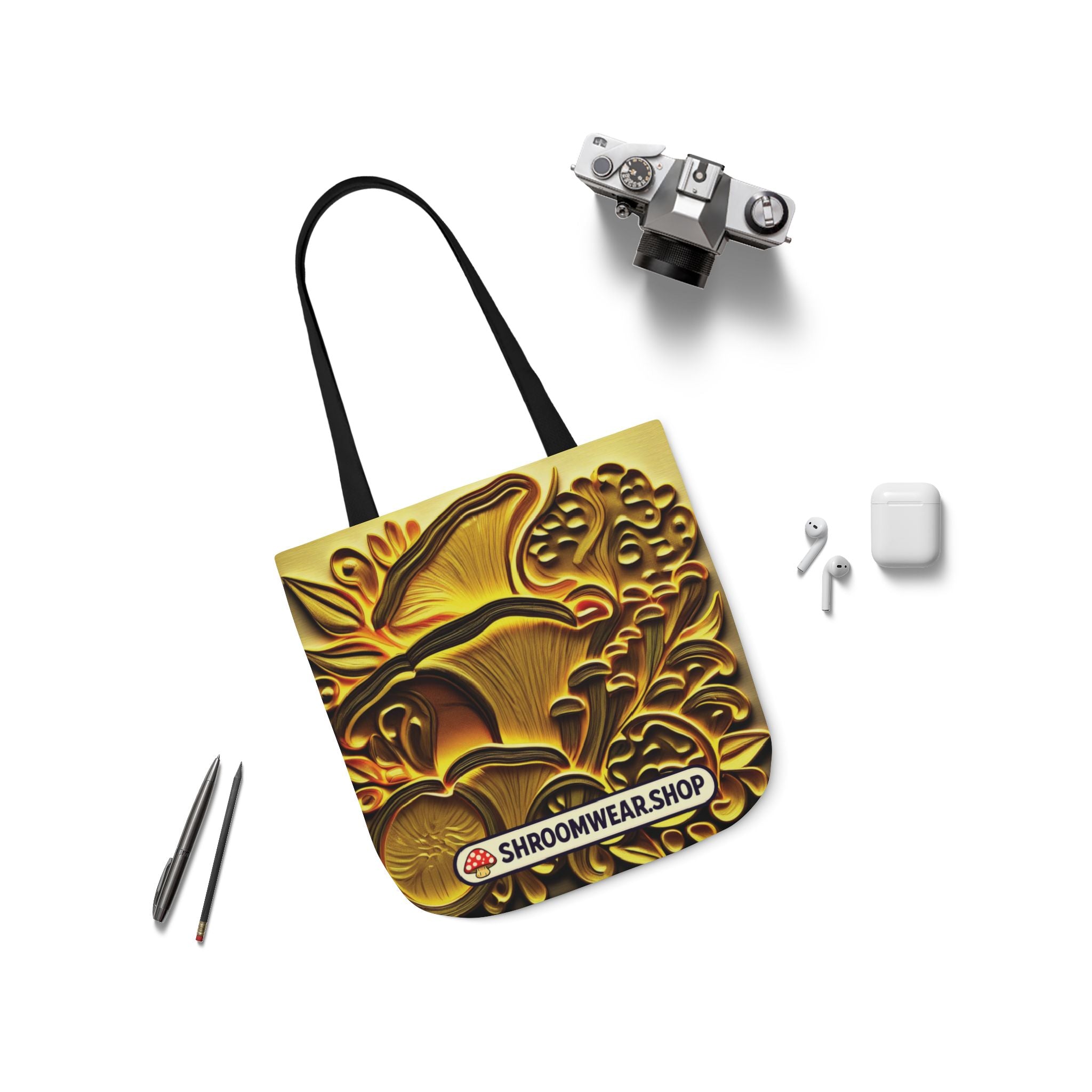 Tote Bag : Golden Mushroom Canvas Tote Bag — Psychedelic Fungi Art Tote