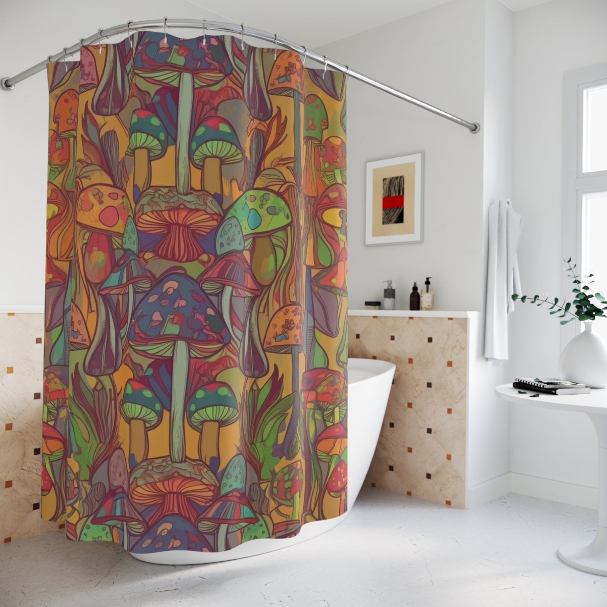 Psychedelic Mushroom Shower Curtain — Colorful Boho Fungi Bathroom Decor