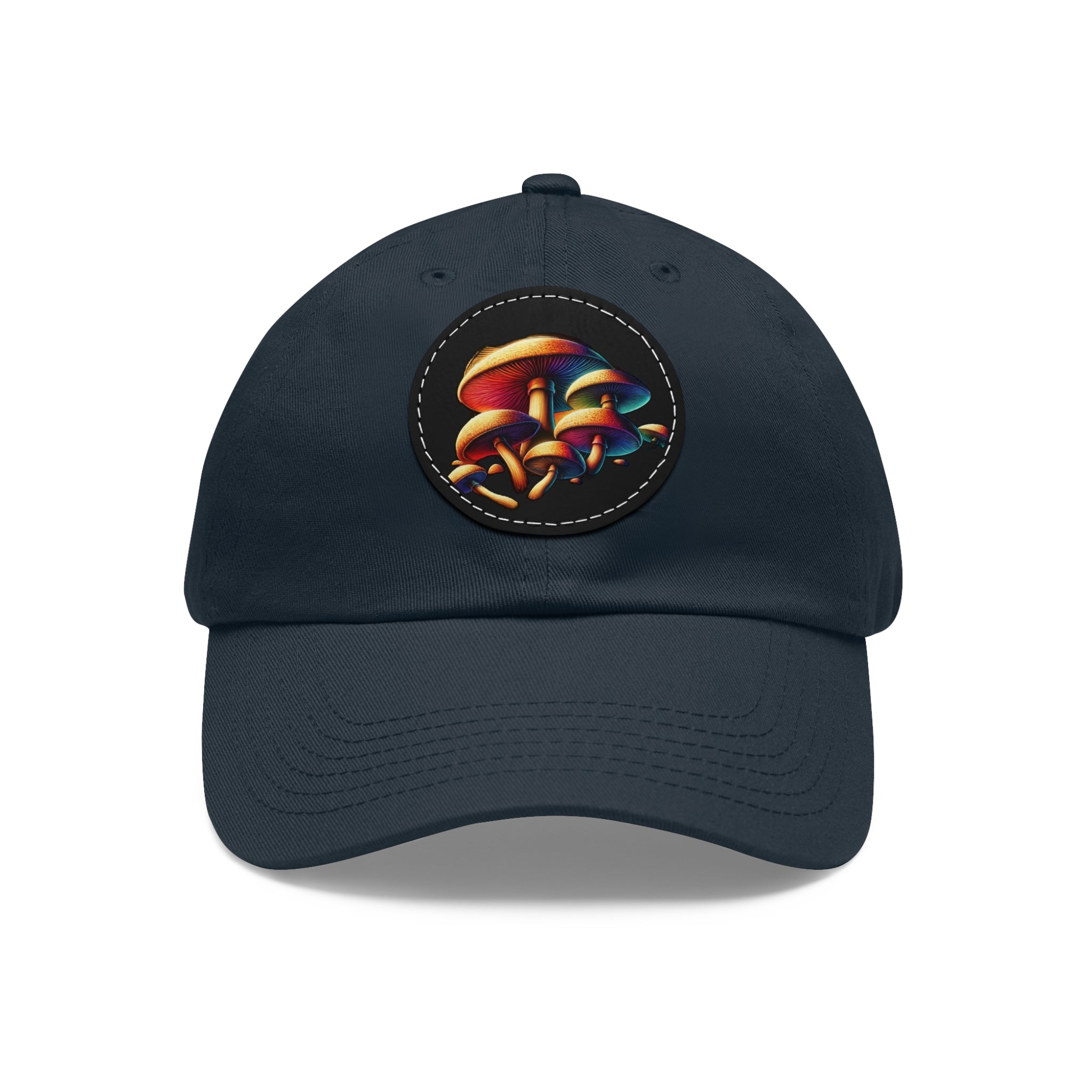 Mushroom Patch Dad Hat — Colorful Psychedelic Fungi Leather Patch Cap