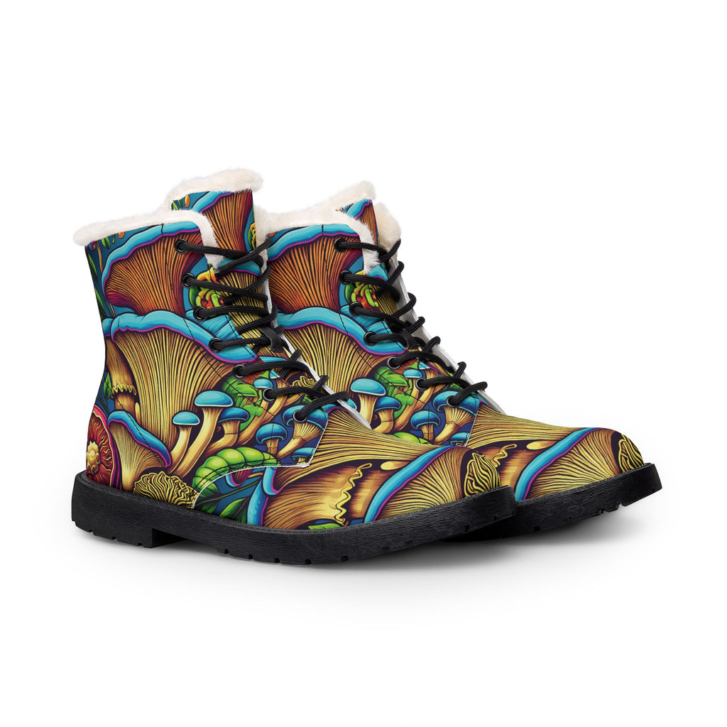 Boots: Synthetic Leather Boots: Women's Fur-Lined Leather Boots — Colorful Psychedelic Mushroom Print