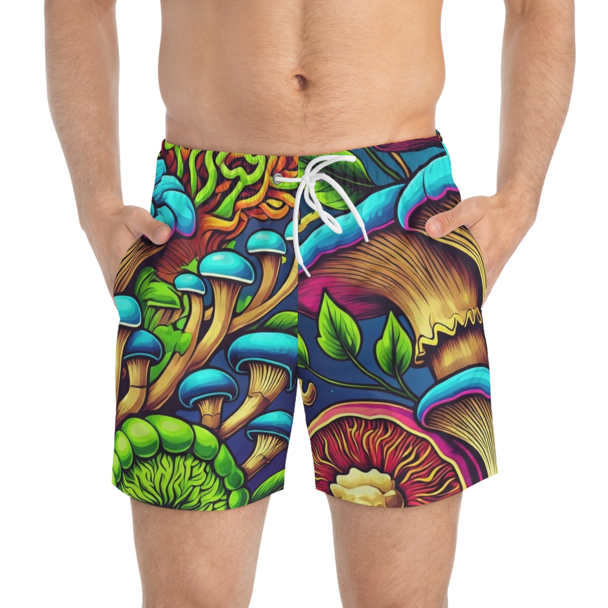 Mushroom Psychedelic Swim Trunks — Vibrant All-Over Print Beach Shorts