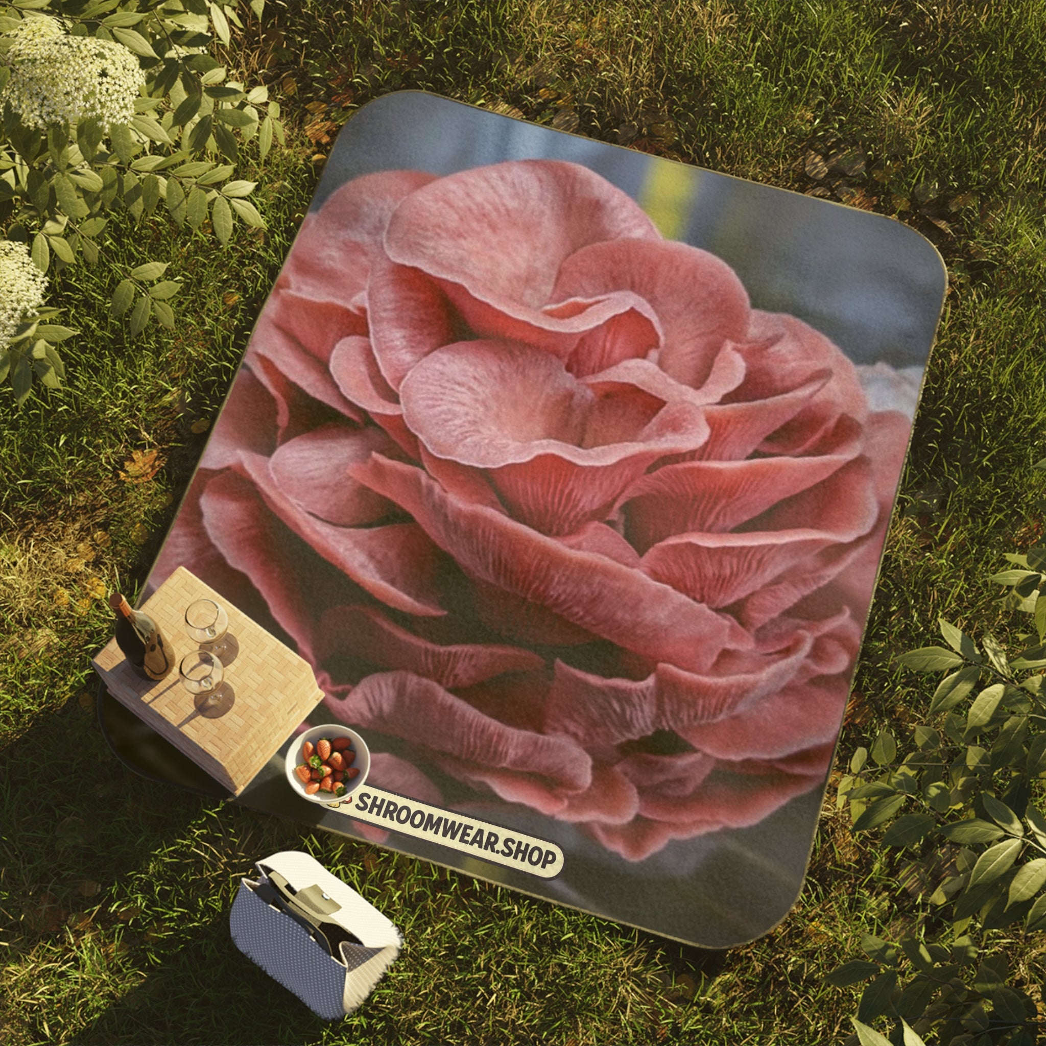Blanket: Floral Pink Rose Picnic Blanket — Waterproof Outdoor Beach & Garden Throw