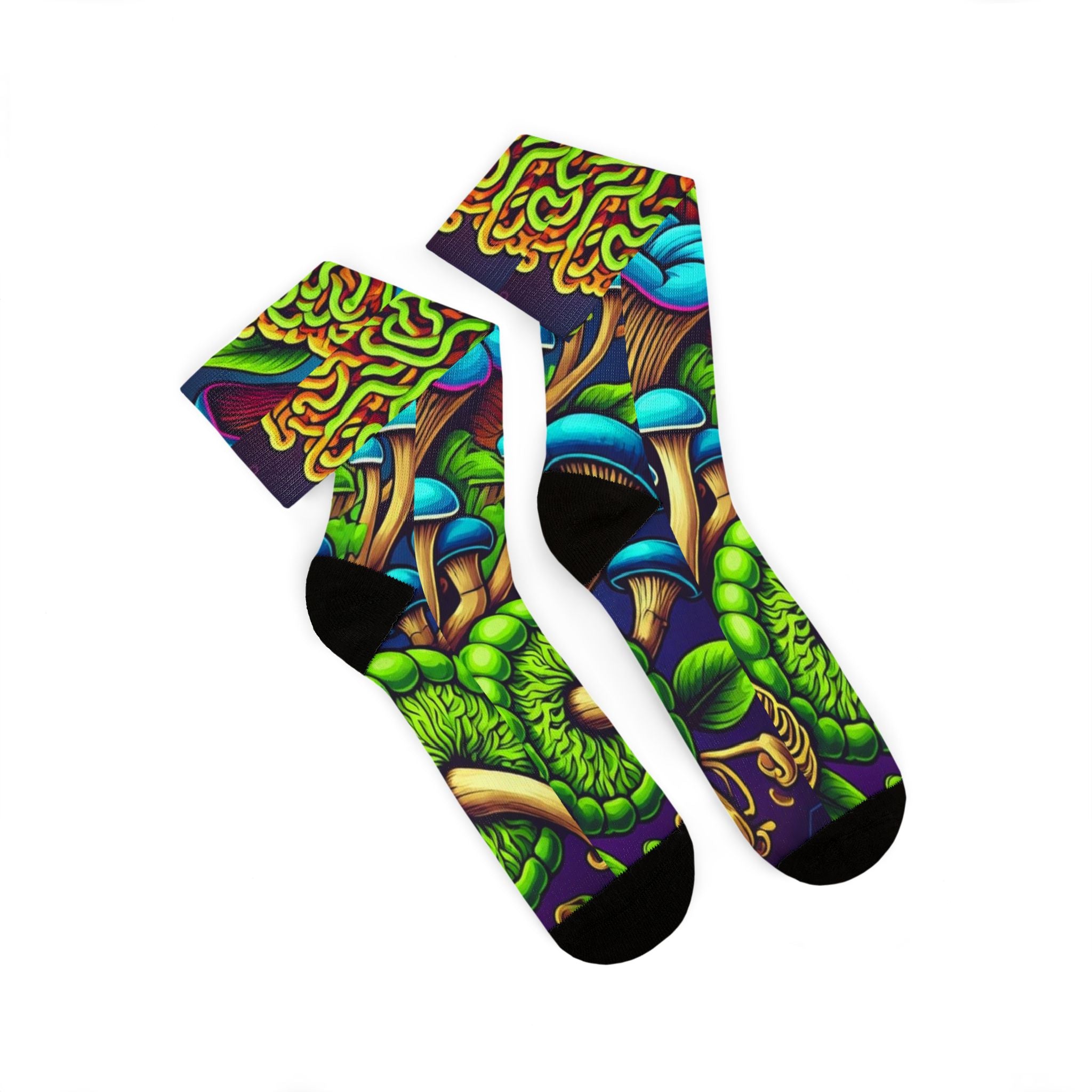 Socks: Psychedelic Mushroom Socks — Vibrant Green Fungi Sublimation Crew Socks