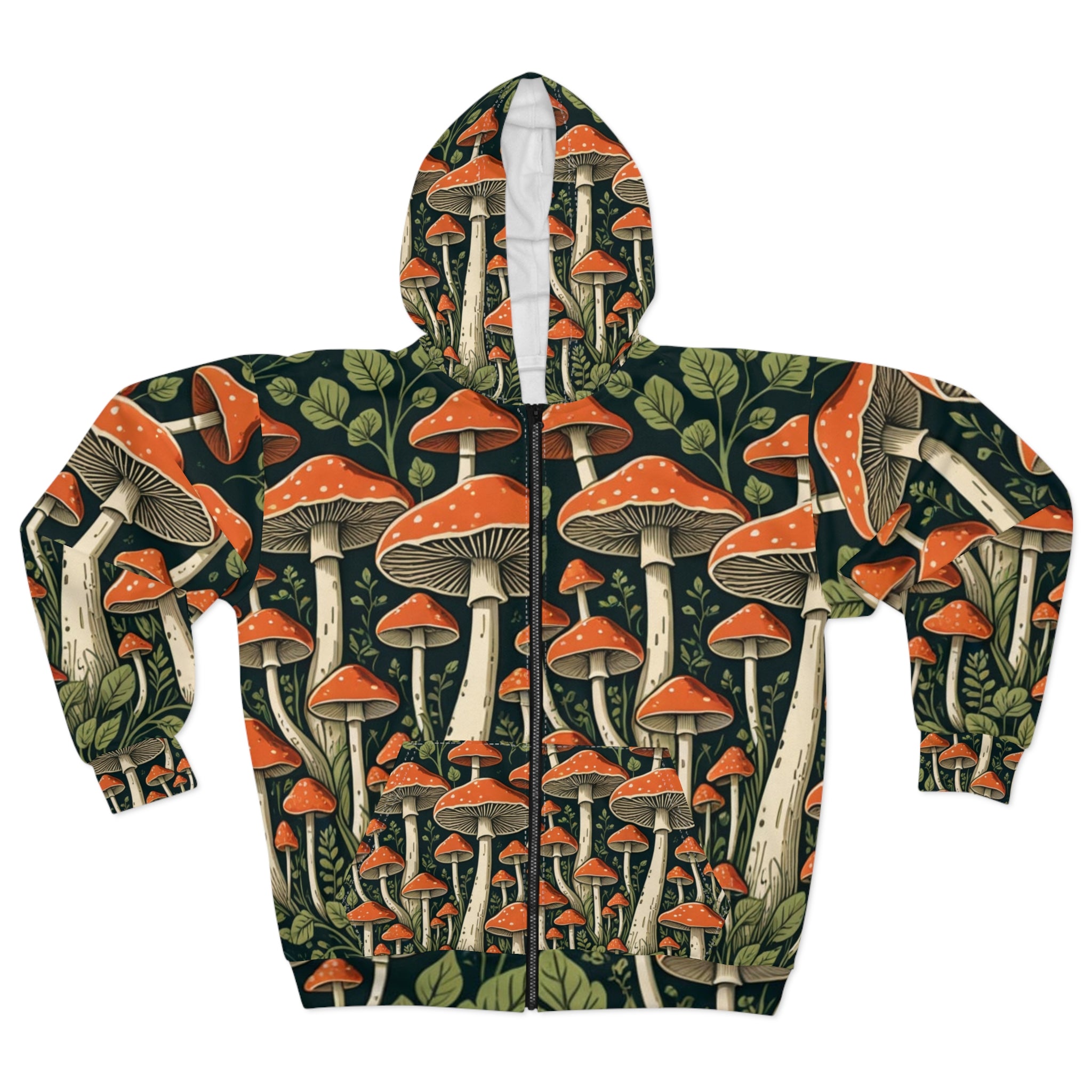 Mushroom Forest Zip Hoodie — All-Over Print Psychedelic Fungi Design
