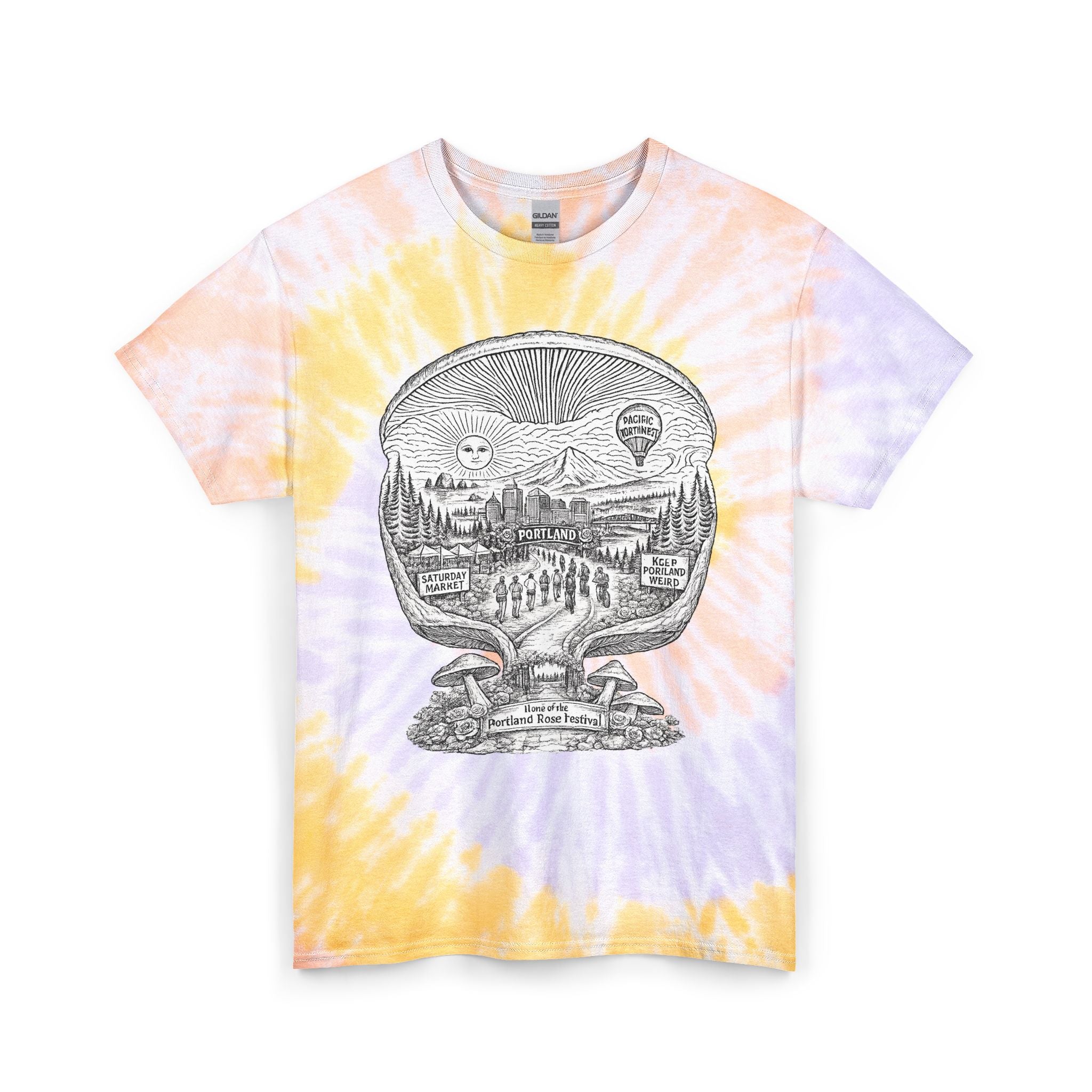T-Shirt: Tie Dye Tee — Scenic Skull Illustration | Farmers Market Mushroom Map