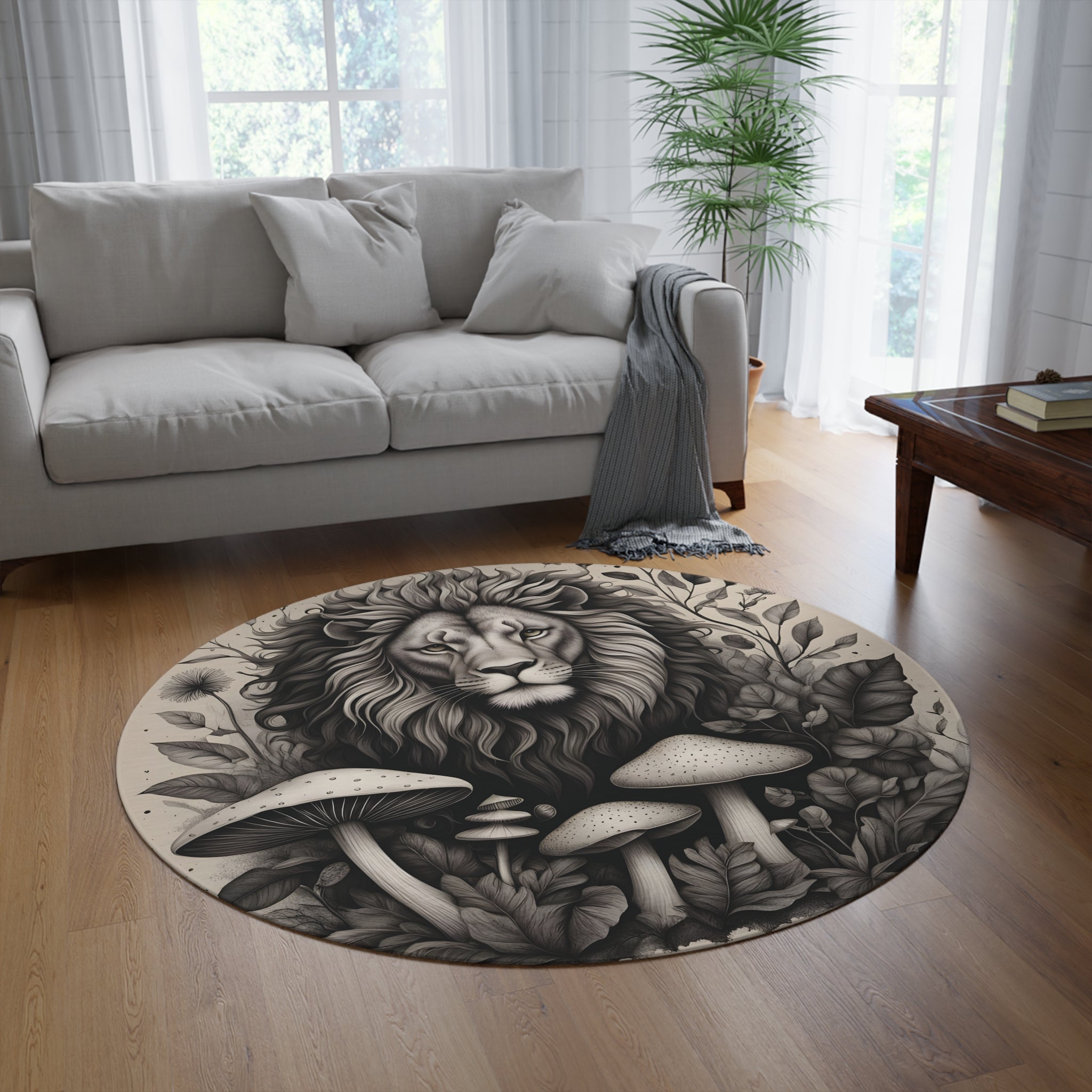 Lion & Mushrooms Round Rug — Boho Botanical Animal Floor Decor