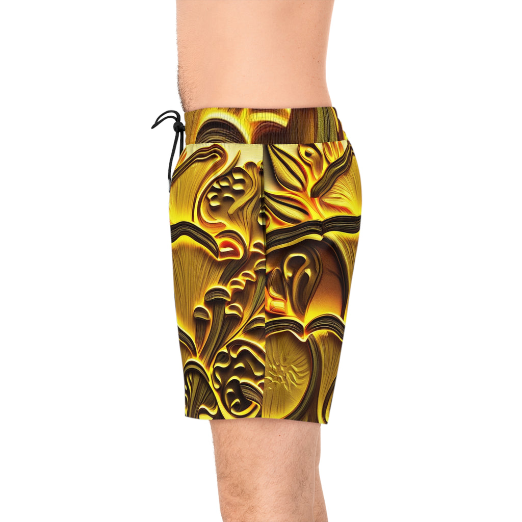 Golden Mushroom Print Swim Shorts — Men’s Mid-Length Tropical Boardshorts