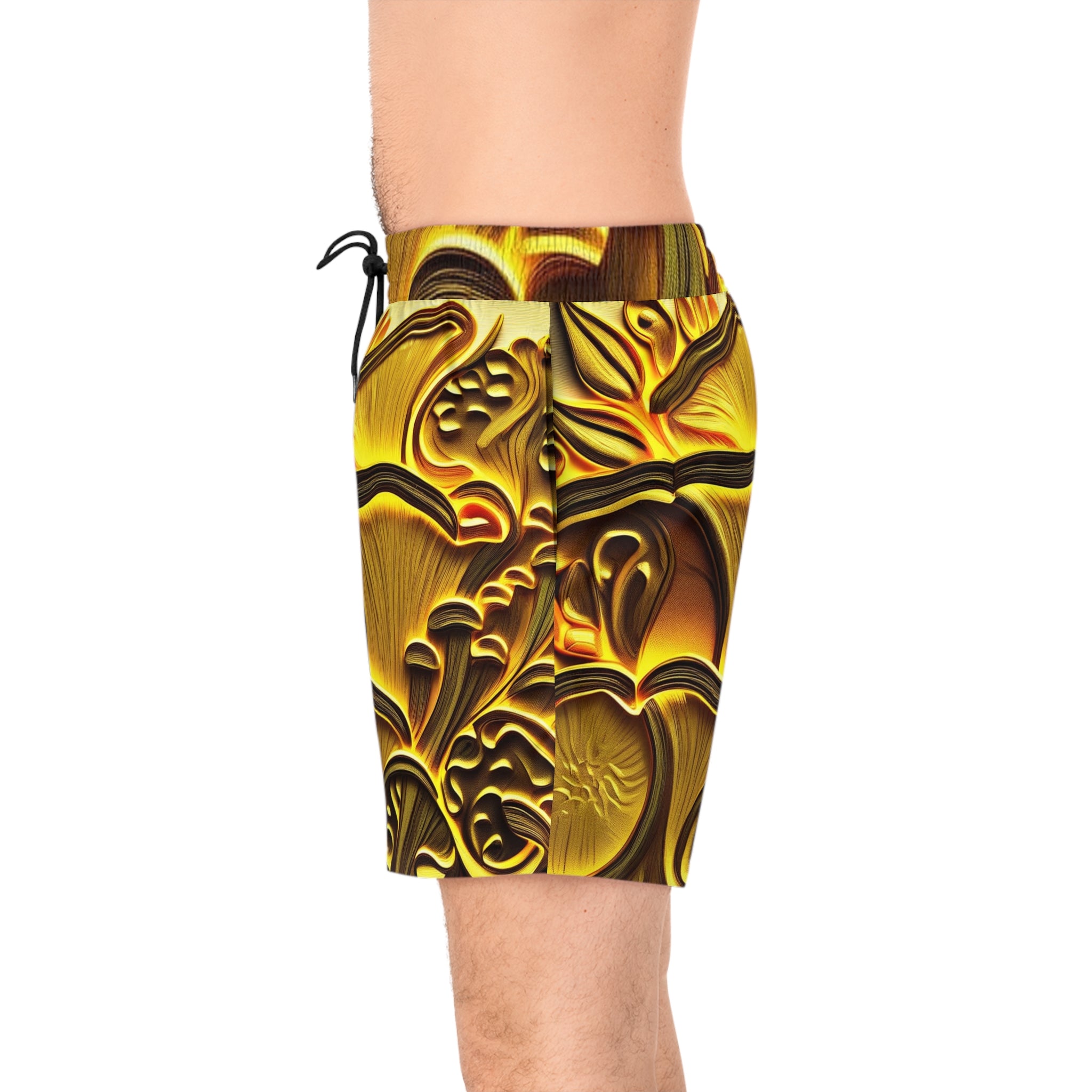Golden Mushroom Print Swim Shorts — Men’s Mid-Length Tropical Boardshorts
