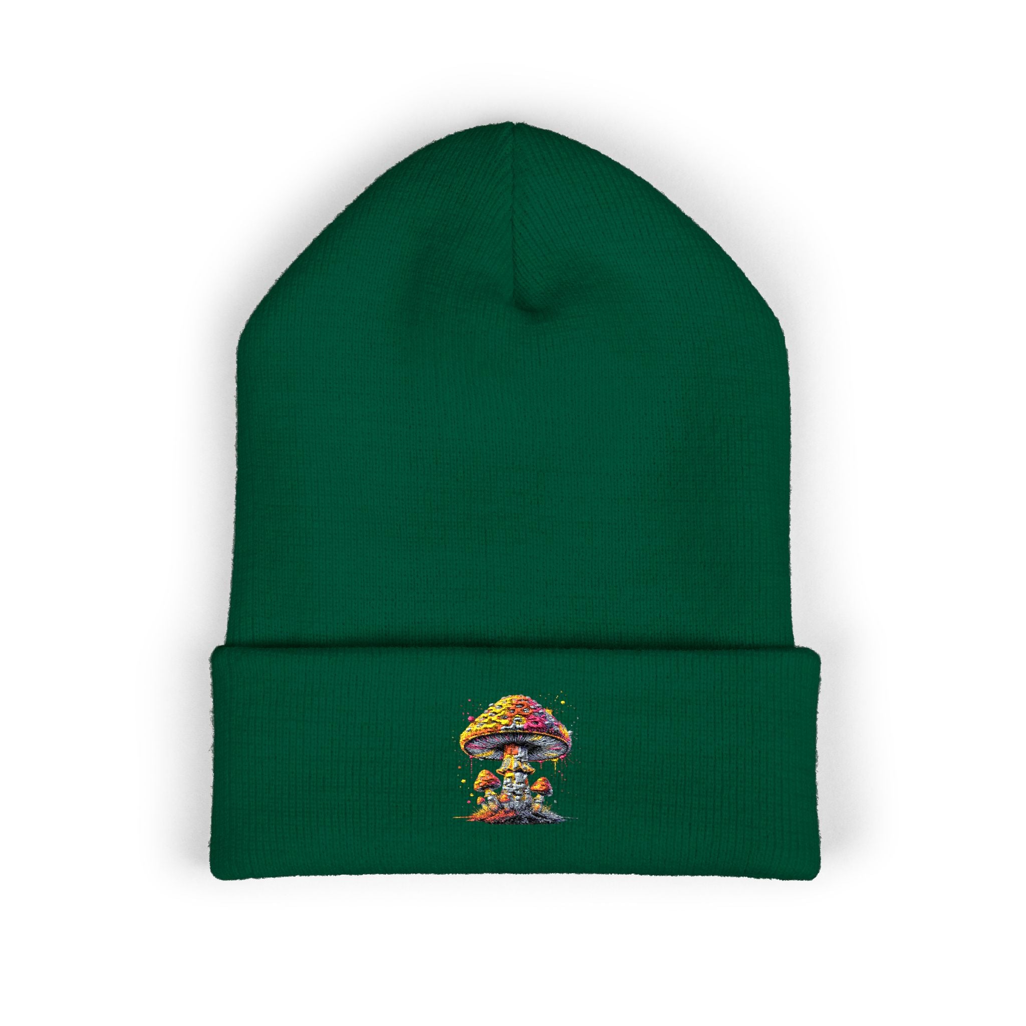 Beanie: Embroidered Colorful Mushroom Beanie — Cute Cuffed Knit Hat