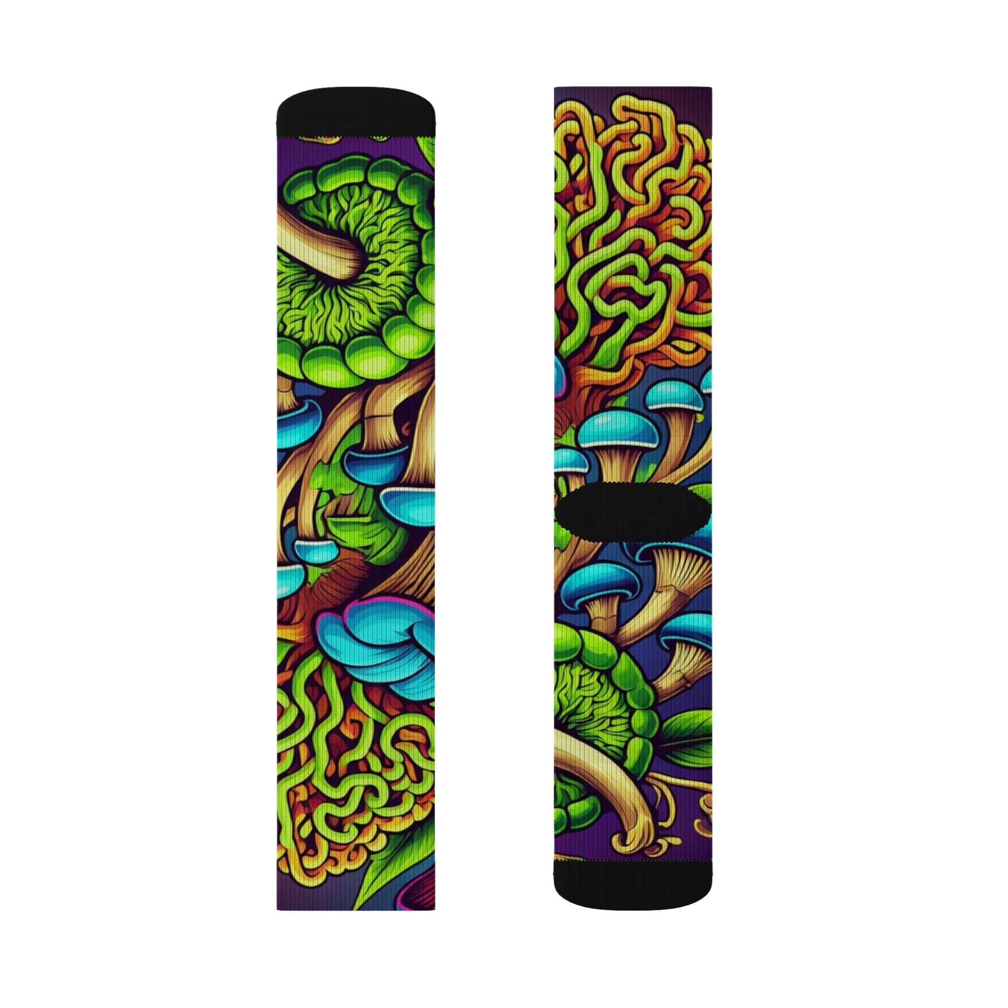 Socks: Psychedelic Mushroom Socks — Vibrant Green Fungi Sublimation Crew Socks