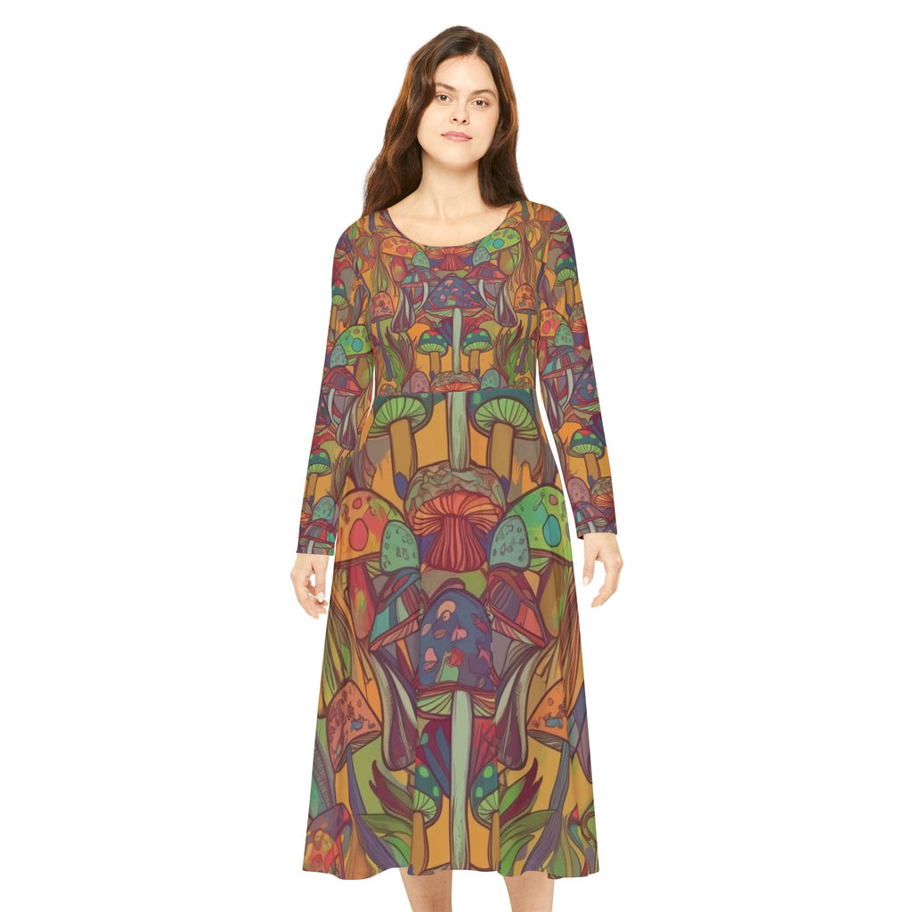 Mushroom Forest Long Sleeve Dance Dress — Psychedelic Boho Floral AOP