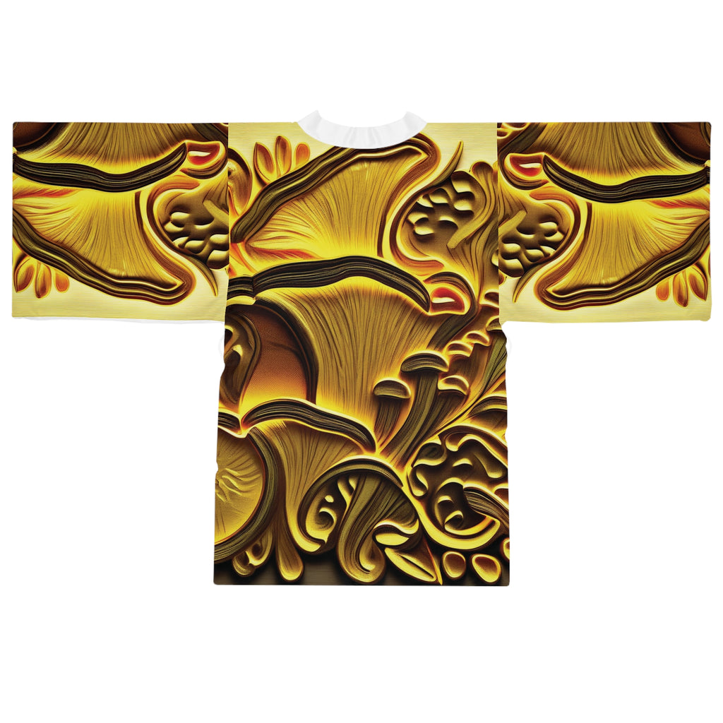 Kimono Robe: Gold Floral Kimono Robe — Decorative All-Over Print Long Sleeve
