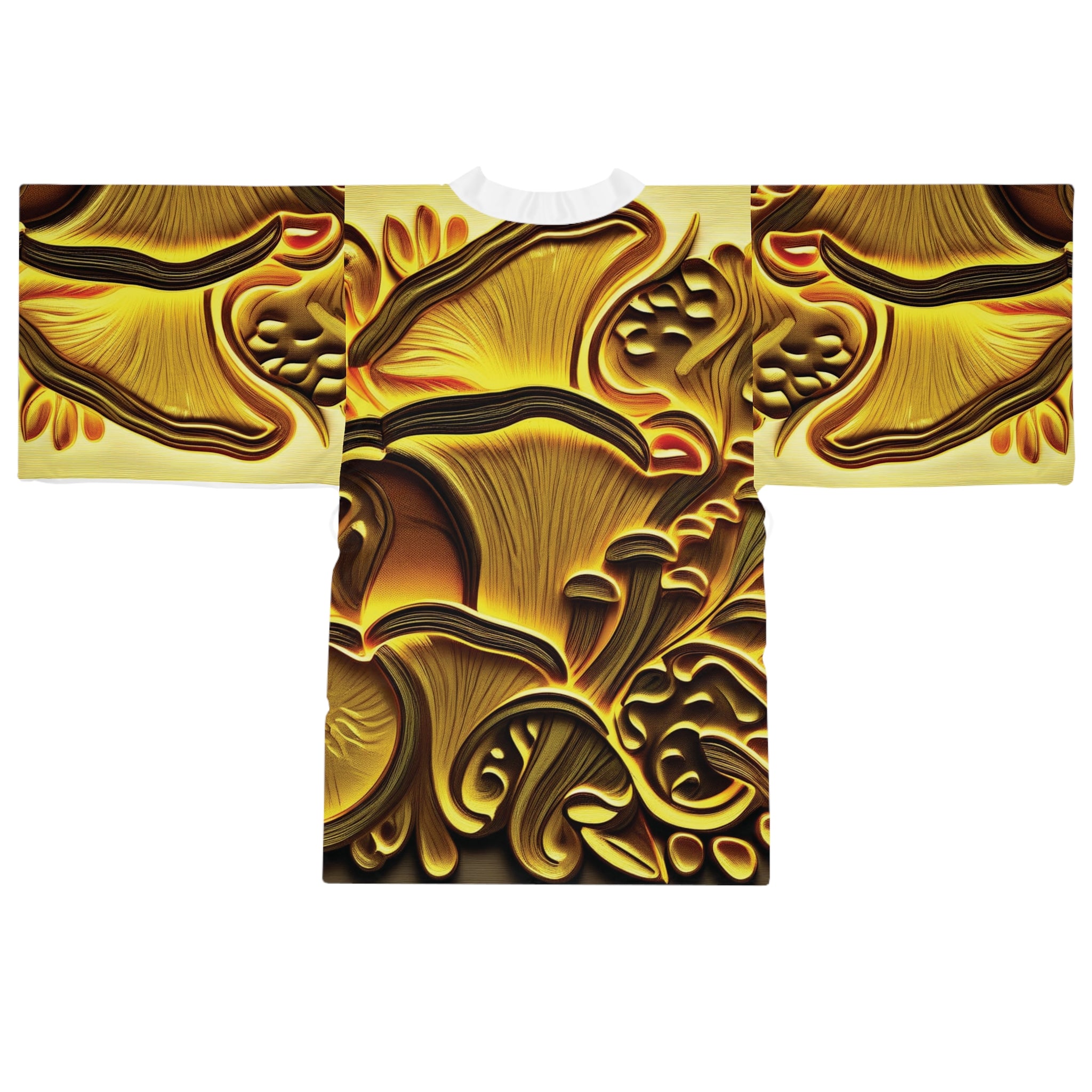 Kimono Robe: Gold Floral Kimono Robe — Decorative All-Over Print Long Sleeve