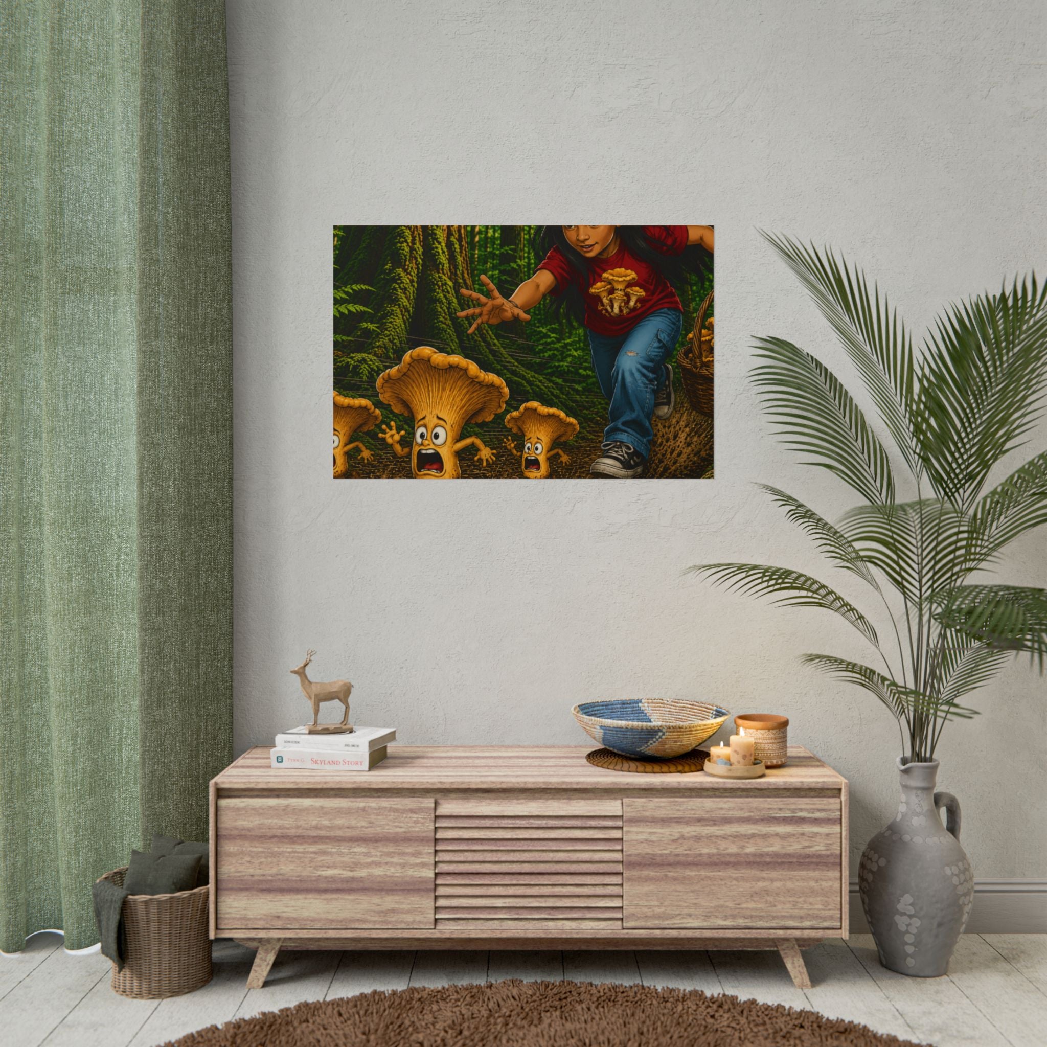 Rolled Poster: Girl Chasing Animated Mushrooms Forest Art Print