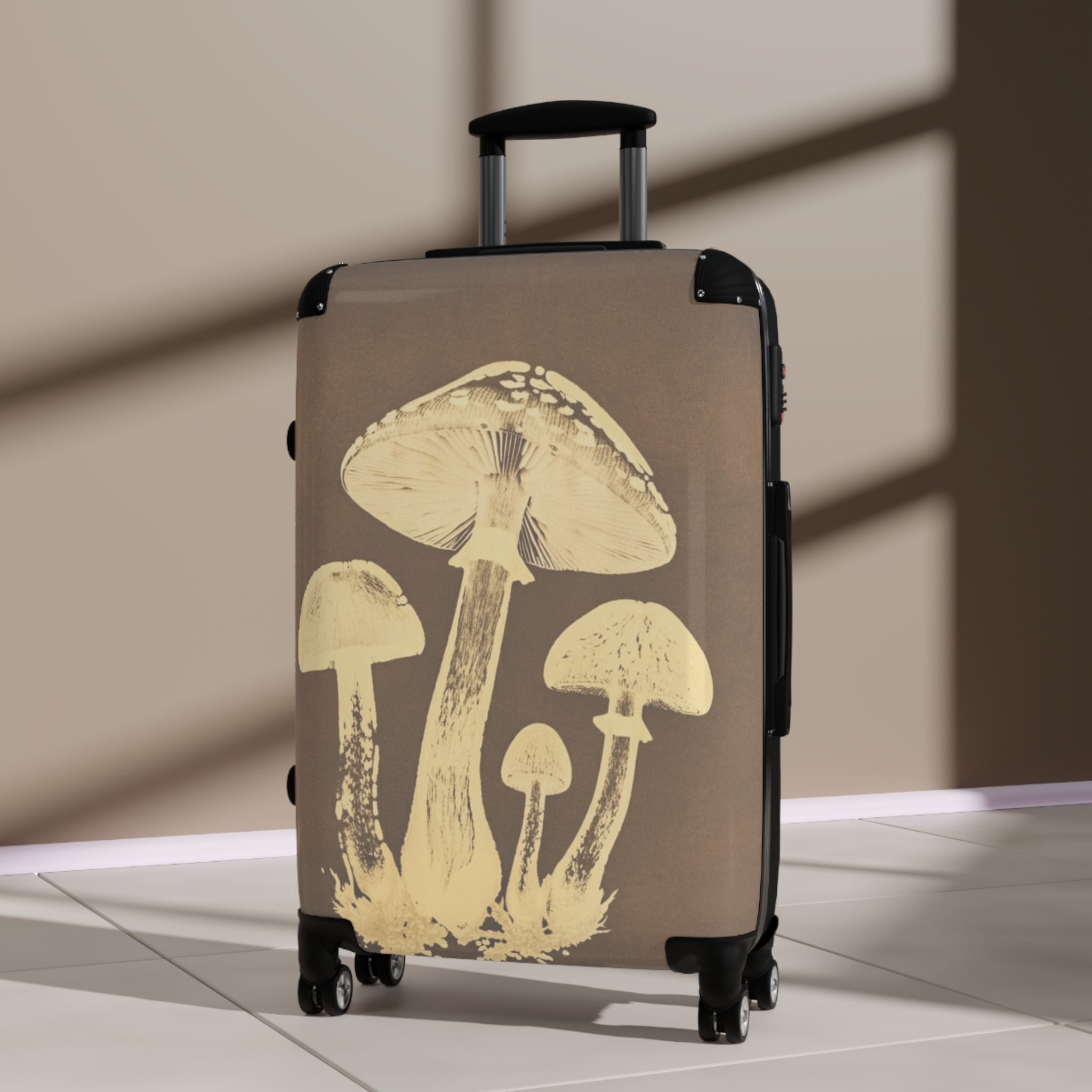 Mushroom Illustration Suitcase — Vintage Botanical Carry-On Luggage