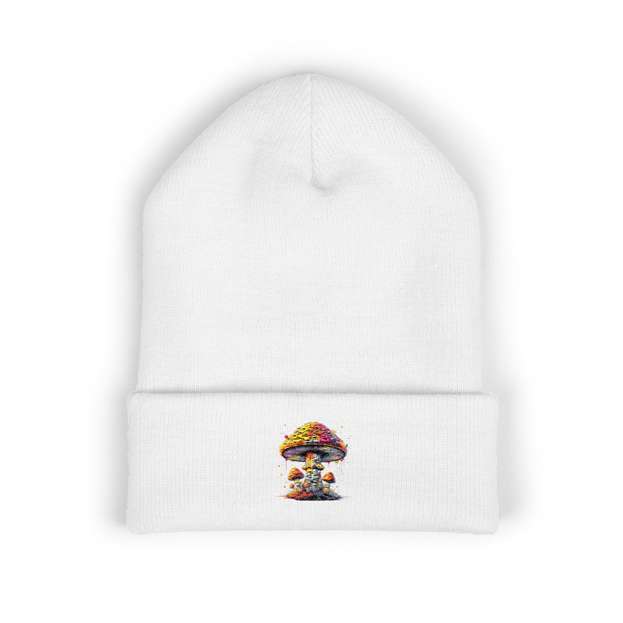 Beanie: Embroidered Colorful Mushroom Beanie — Cute Cuffed Knit Hat