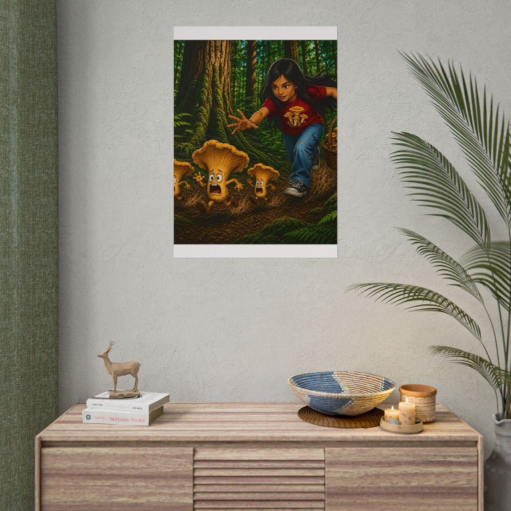 Rolled Poster: Girl Chasing Animated Mushrooms Forest Art Print