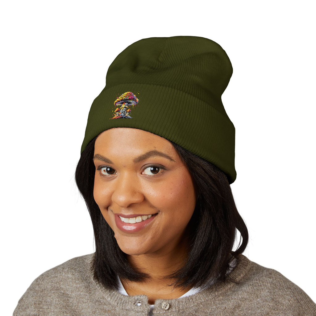 Beanie: Embroidered Colorful Mushroom Beanie — Cute Cuffed Knit Hat