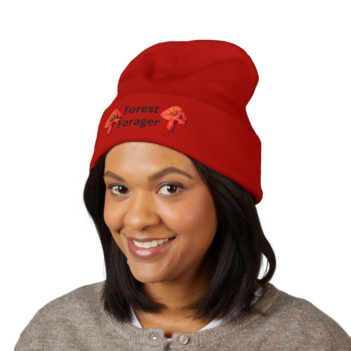 Embroidered 'Mushroom Forager' Knit Beanie — Cozy Outdoor Hat for Foraging & Fall