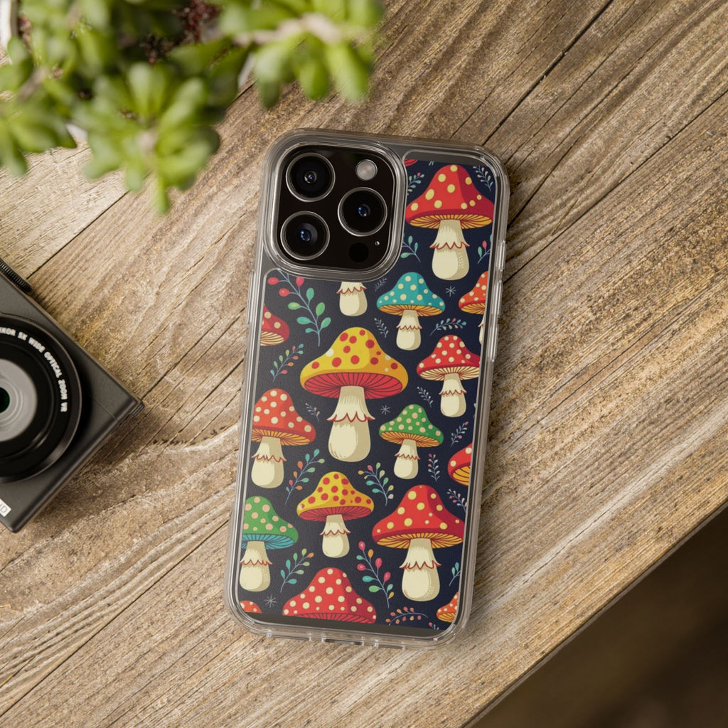 Phone Case: Mushroom Pattern Clear Phone Case — Colorful Toadstool Floral Design