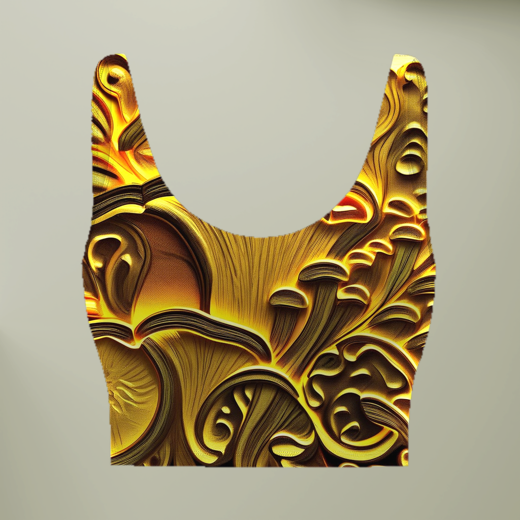 Gold Baroque Sports Bra — Ornate Metallic Floral All-Over Print