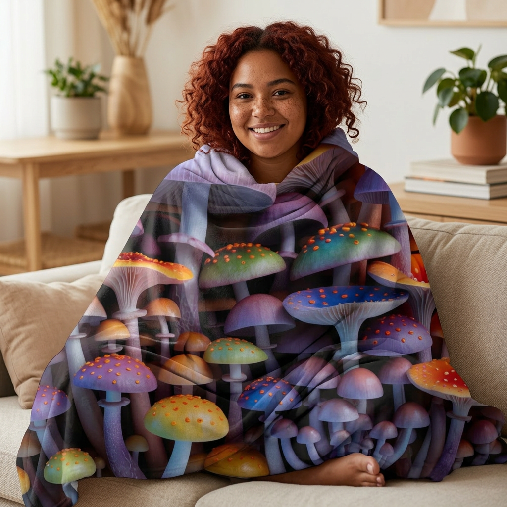 Blanket: Colorful Mushroom Sherpa Blanket — Cozy Fantasy Fleece Throw