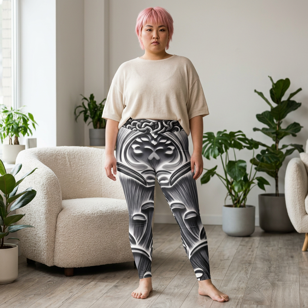 Plus Size Leggings — Monochrome Ornate Baroque Print AOP